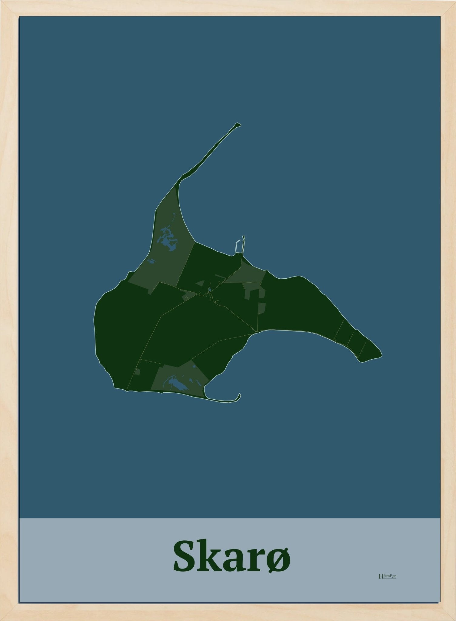 Skarø plakat i farve mørk grøn og HjemEgn.dk design firkantet. Design ø-kort for Skarø