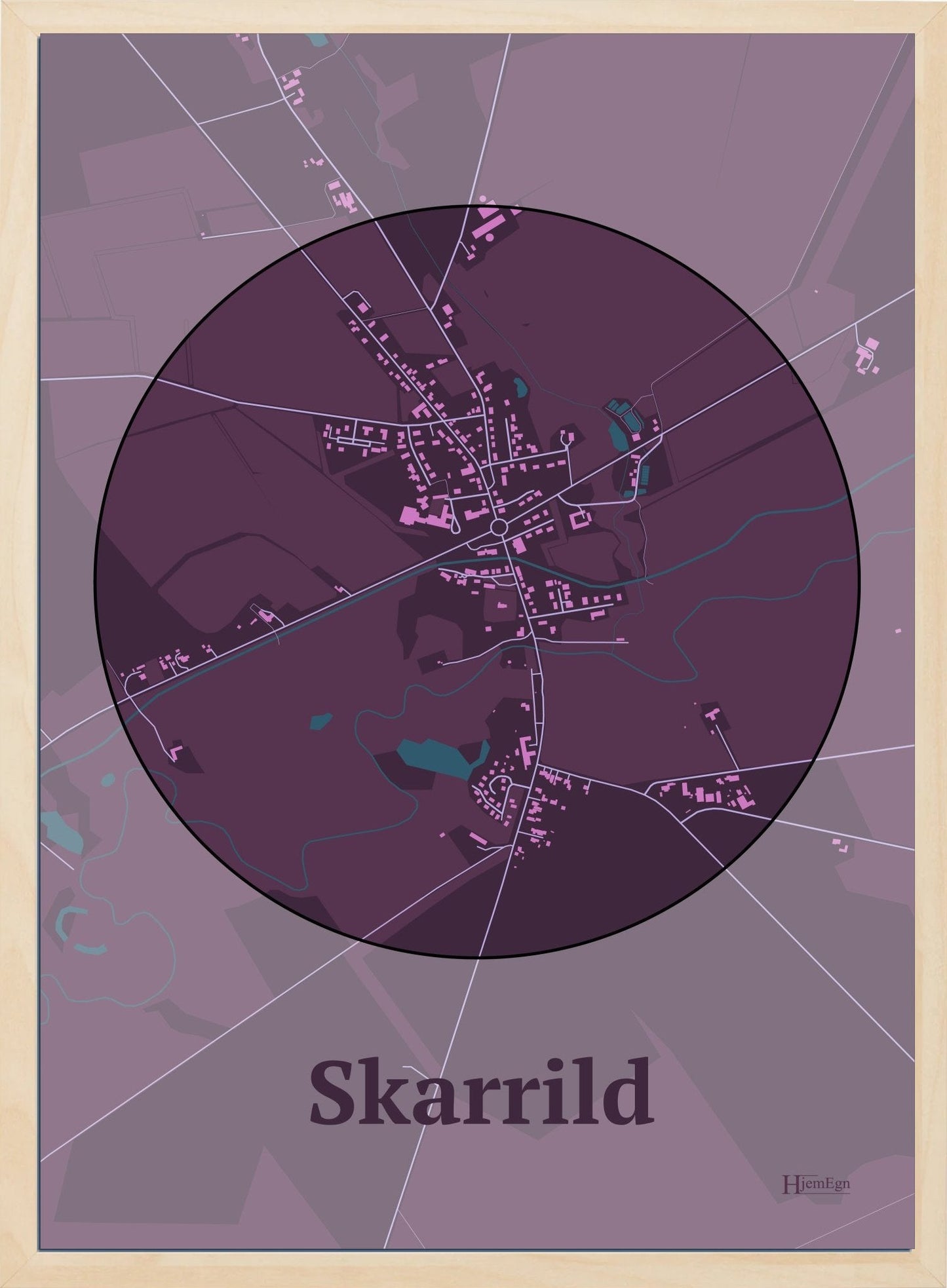 Skarrild plakat i farve mørk rød og HjemEgn.dk design centrum. Design bykort for Skarrild