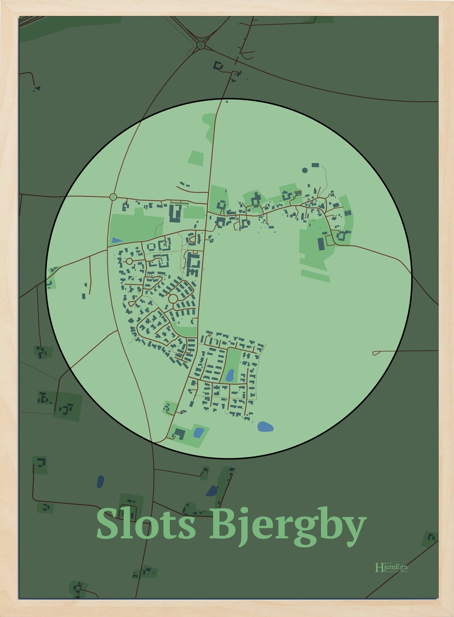 Slots Bjergby plakat i farve pastel grøn og HjemEgn.dk design centrum. Design bykort for Slots Bjergby