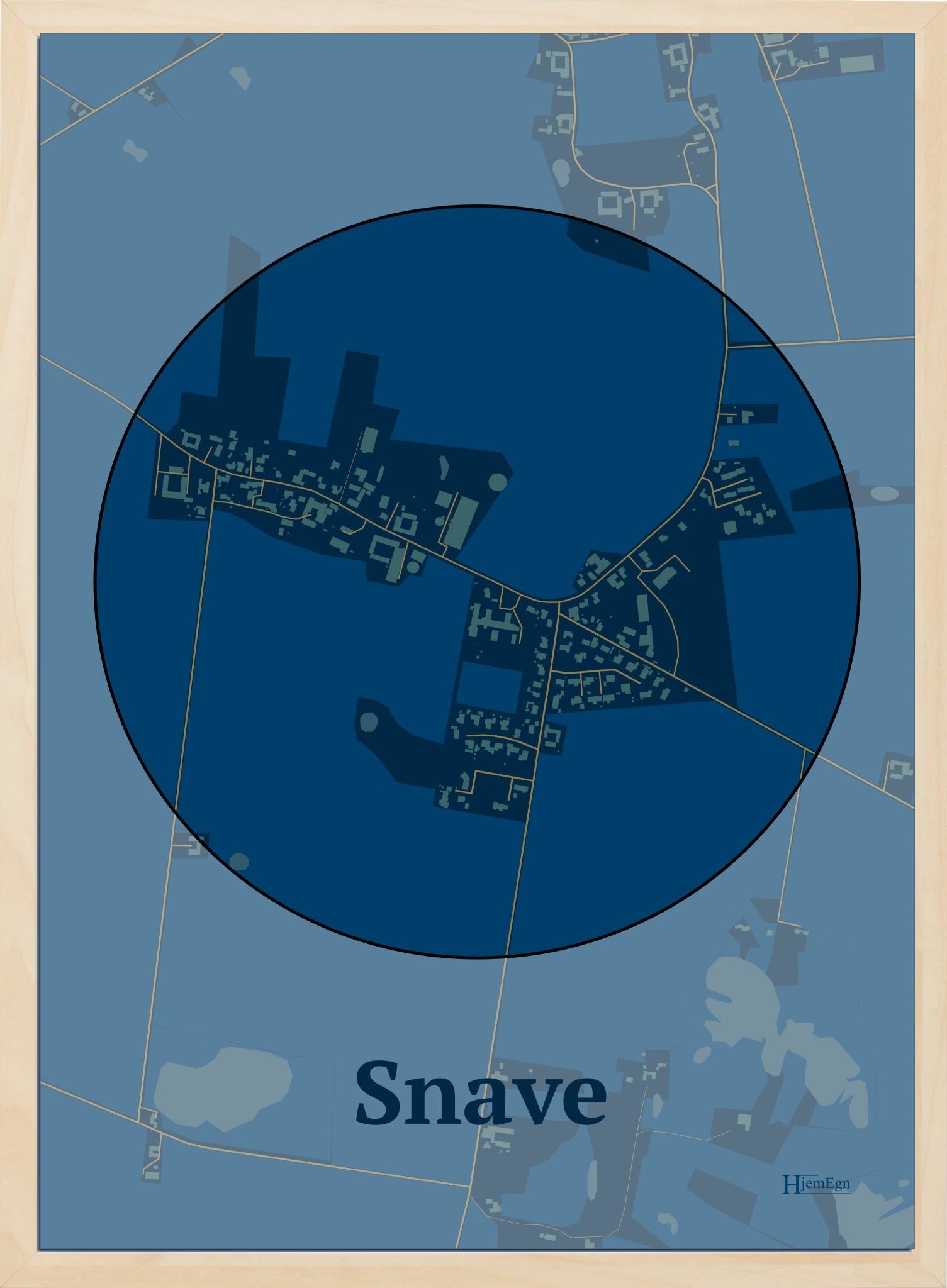 Snave plakat i farve mørk blå og HjemEgn.dk design centrum. Design bykort for Snave
