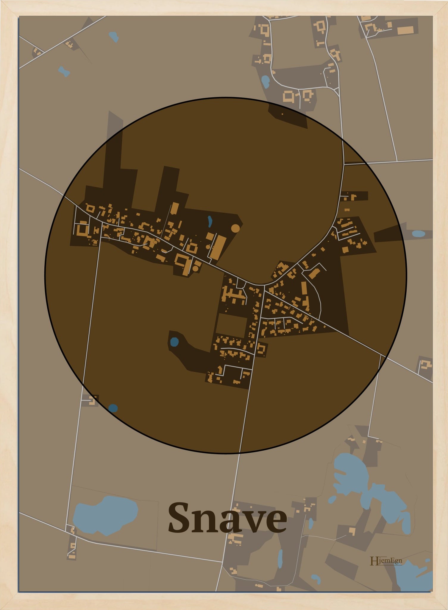 Snave plakat i farve mørk brun og HjemEgn.dk design centrum. Design bykort for Snave