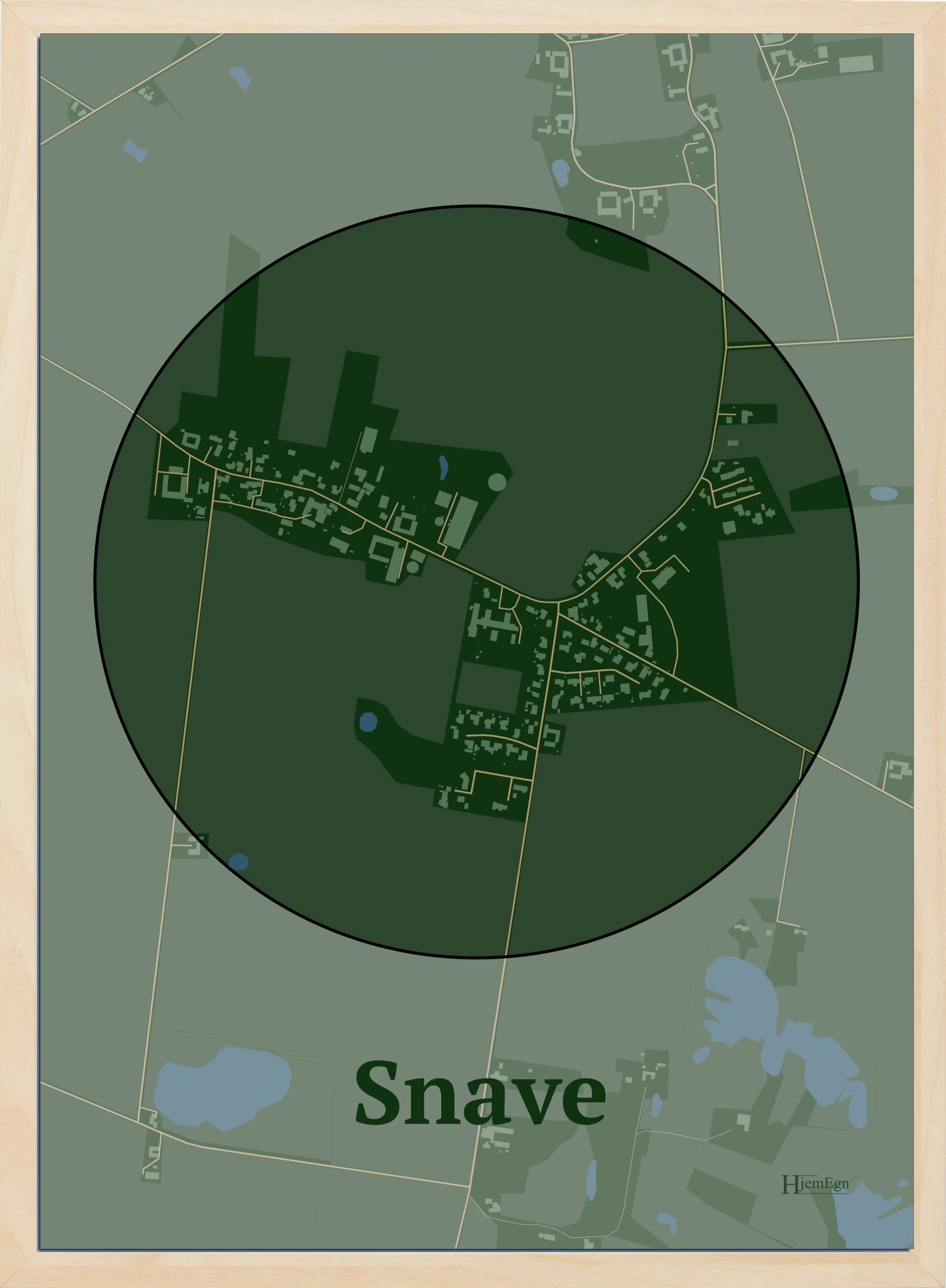 Snave plakat i farve mørk grøn og HjemEgn.dk design centrum. Design bykort for Snave
