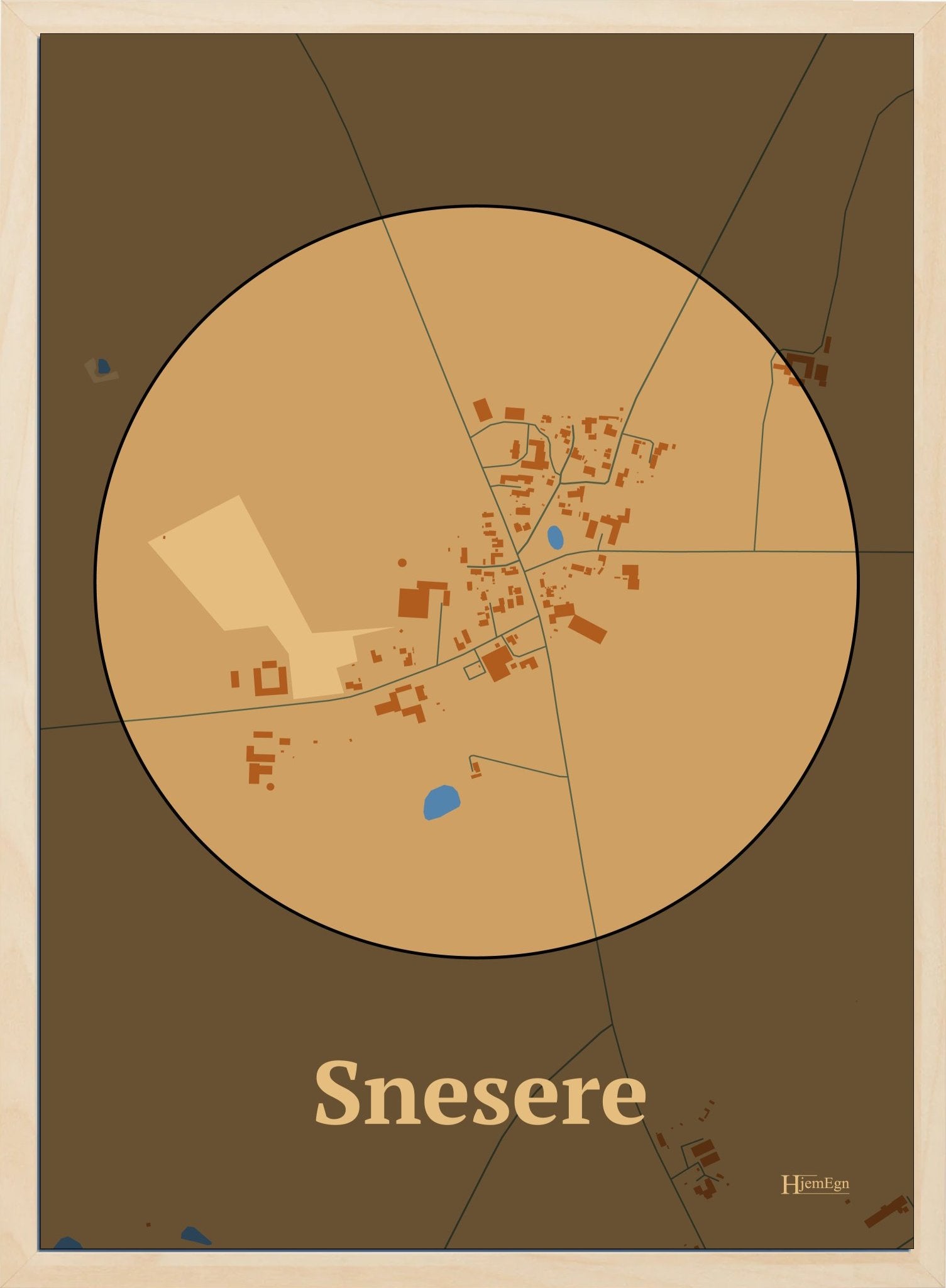 Snesere plakat i farve pastel brun og HjemEgn.dk design centrum. Design bykort for Snesere