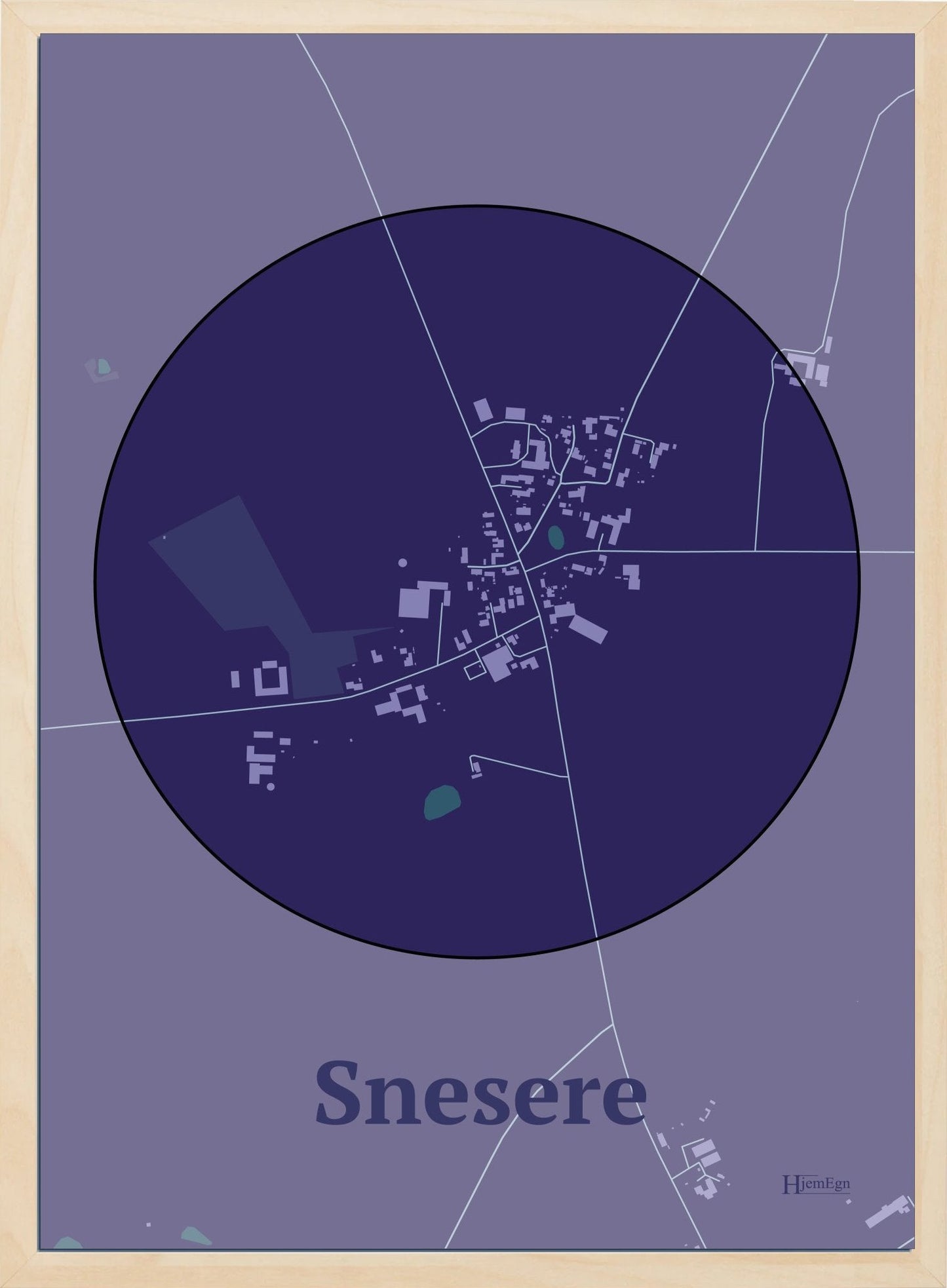 Snesere plakat i farve mørk lilla og HjemEgn.dk design centrum. Design bykort for Snesere