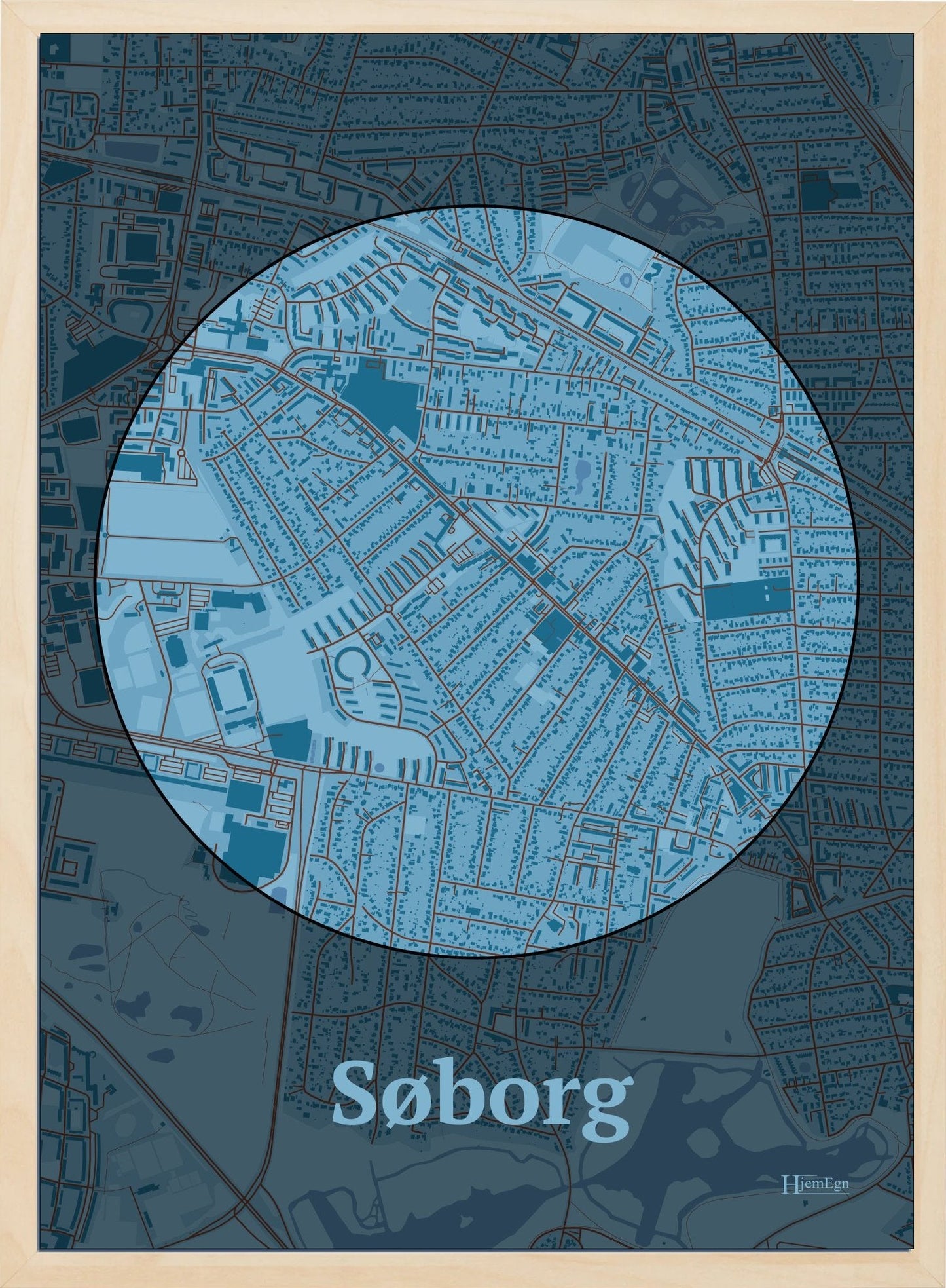 Søborg plakat i farve pastel blå og HjemEgn.dk design centrum. Design bykort for Søborg