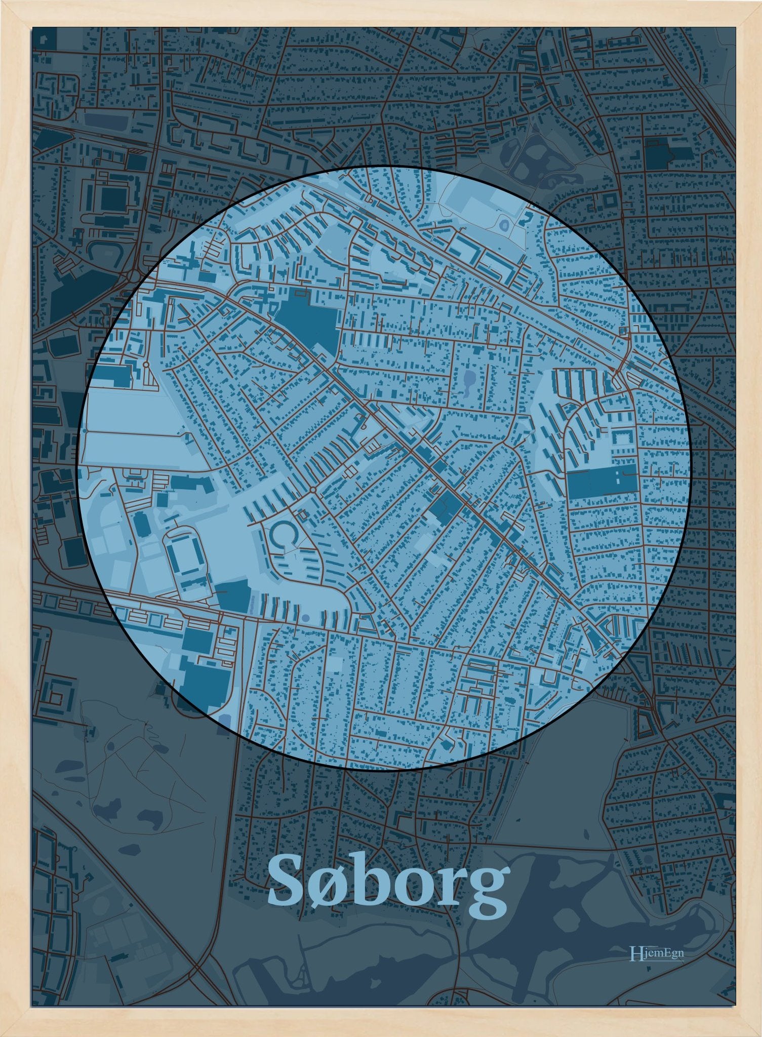 Søborg plakat i farve pastel blå og HjemEgn.dk design centrum. Design bykort for Søborg