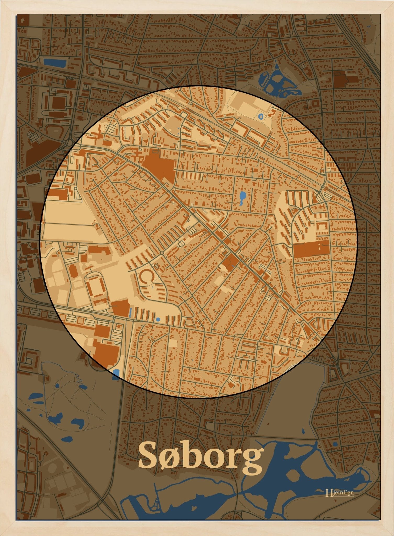 Søborg plakat i farve pastel brun og HjemEgn.dk design centrum. Design bykort for Søborg
