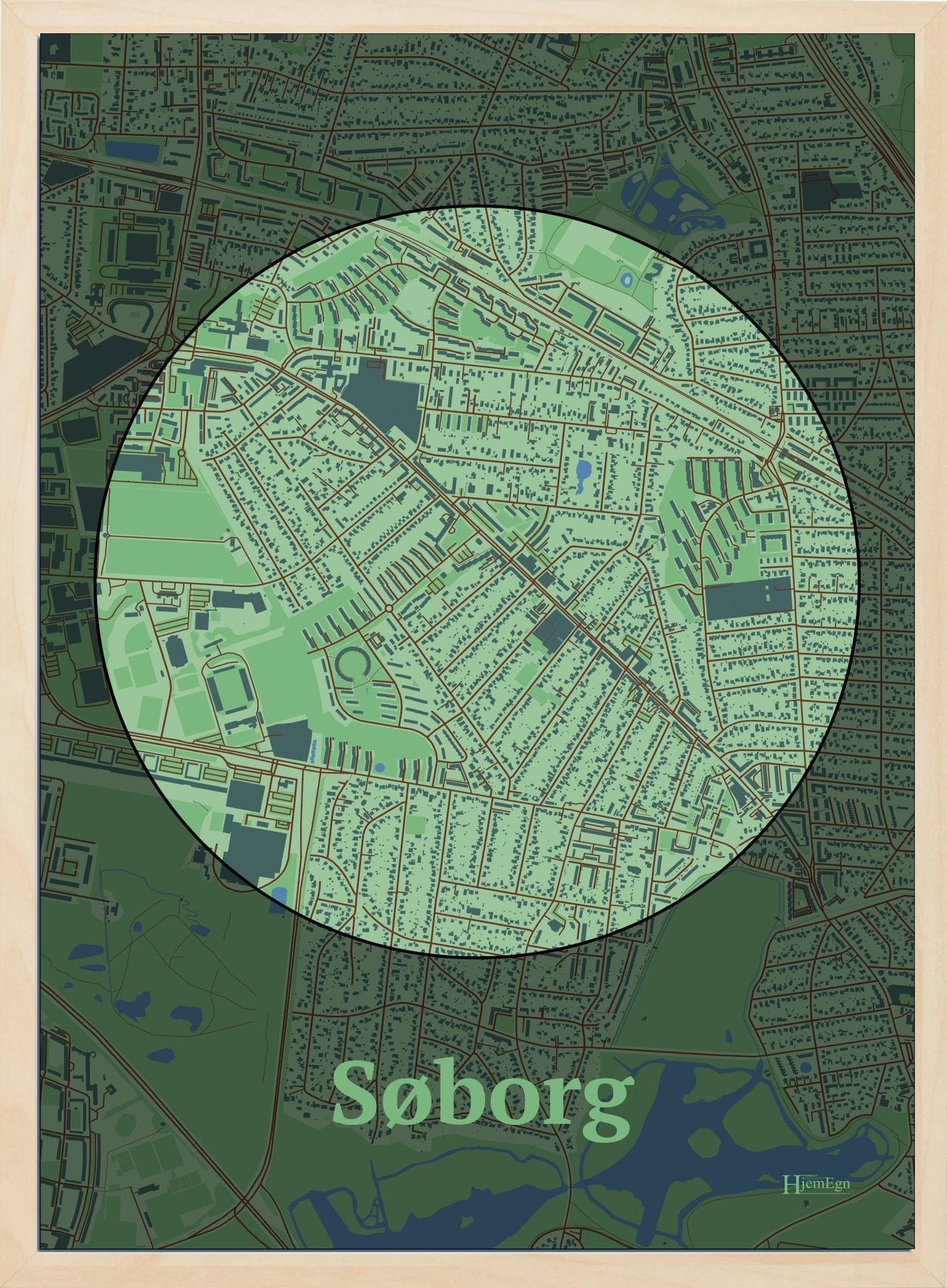 Søborg plakat i farve pastel grøn og HjemEgn.dk design centrum. Design bykort for Søborg