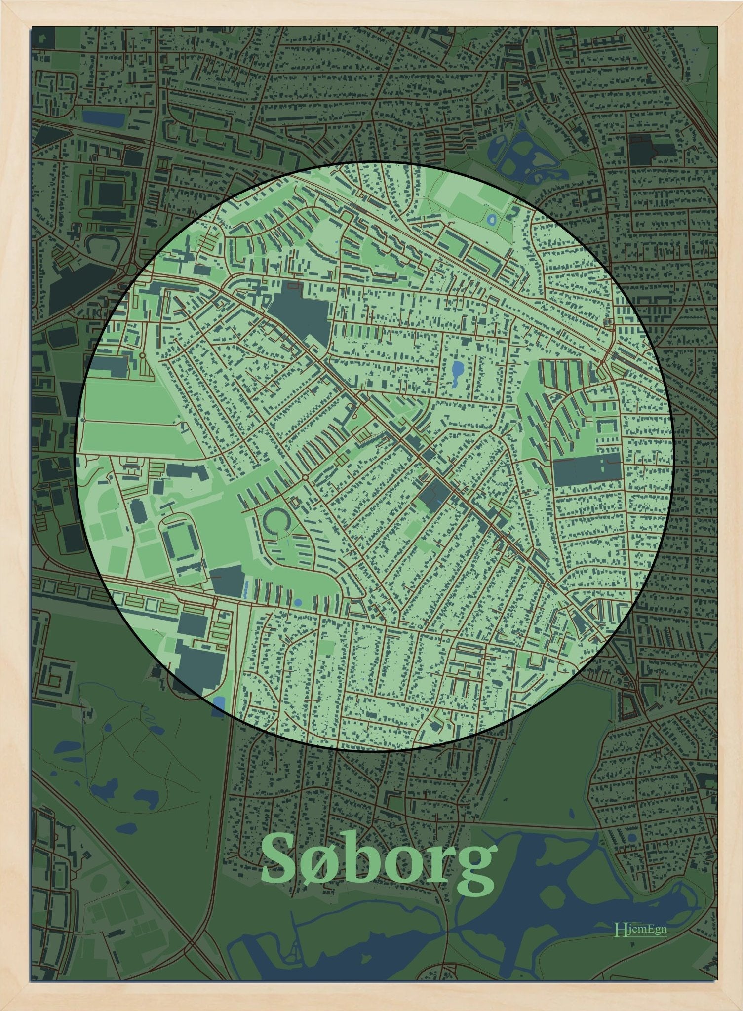 Søborg plakat i farve pastel grøn og HjemEgn.dk design centrum. Design bykort for Søborg