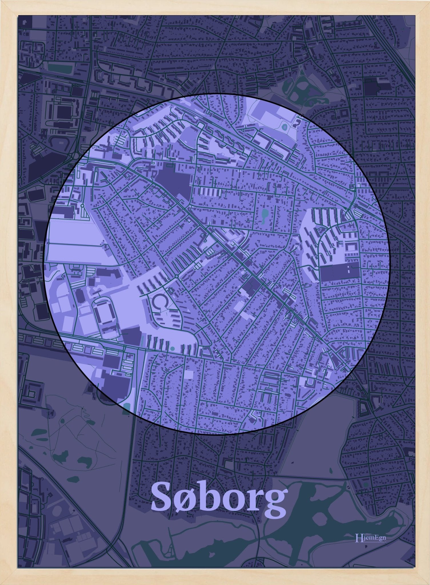 Søborg plakat i farve pastel lilla og HjemEgn.dk design centrum. Design bykort for Søborg