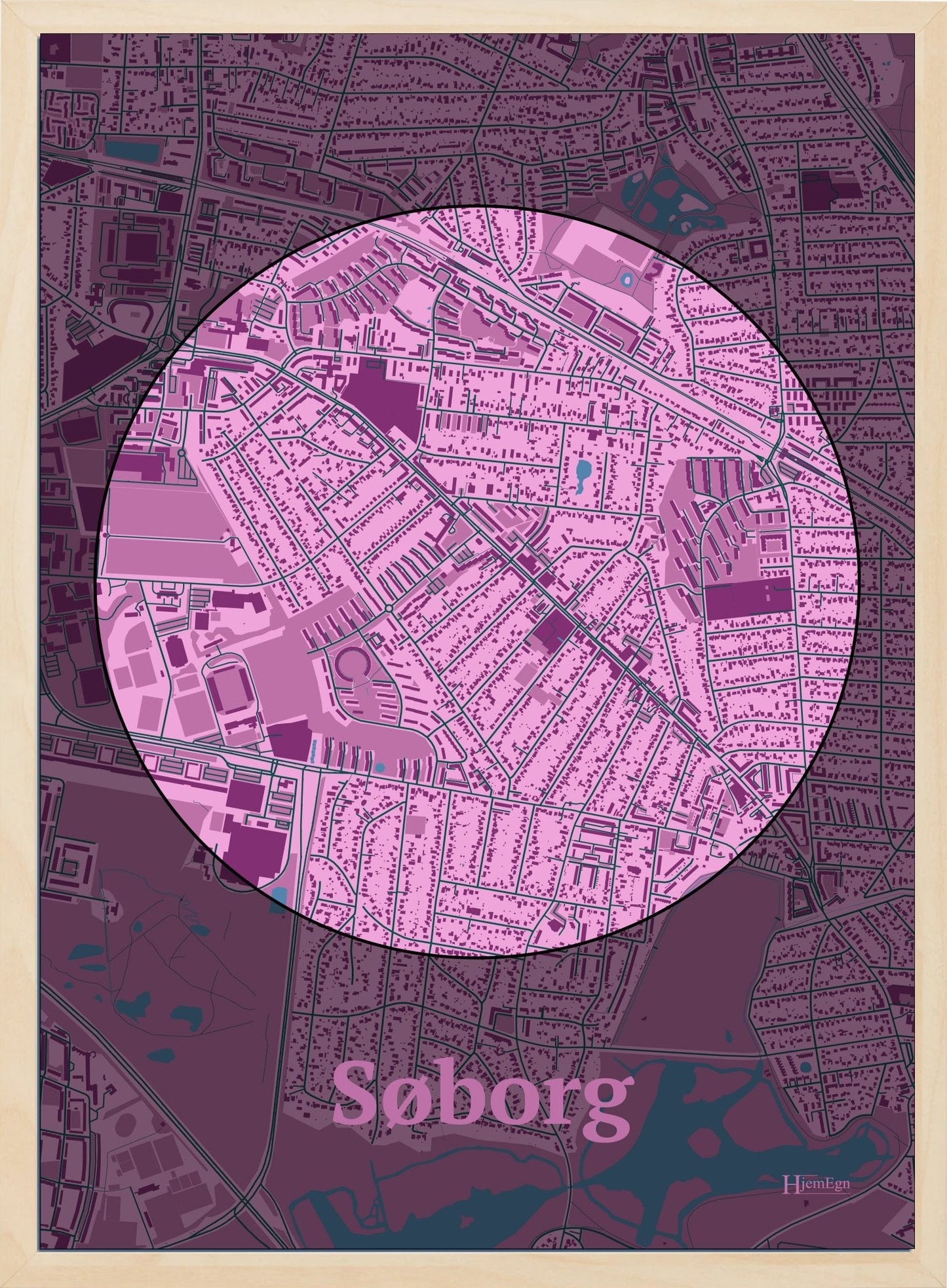 Søborg plakat i farve pastel rød og HjemEgn.dk design centrum. Design bykort for Søborg