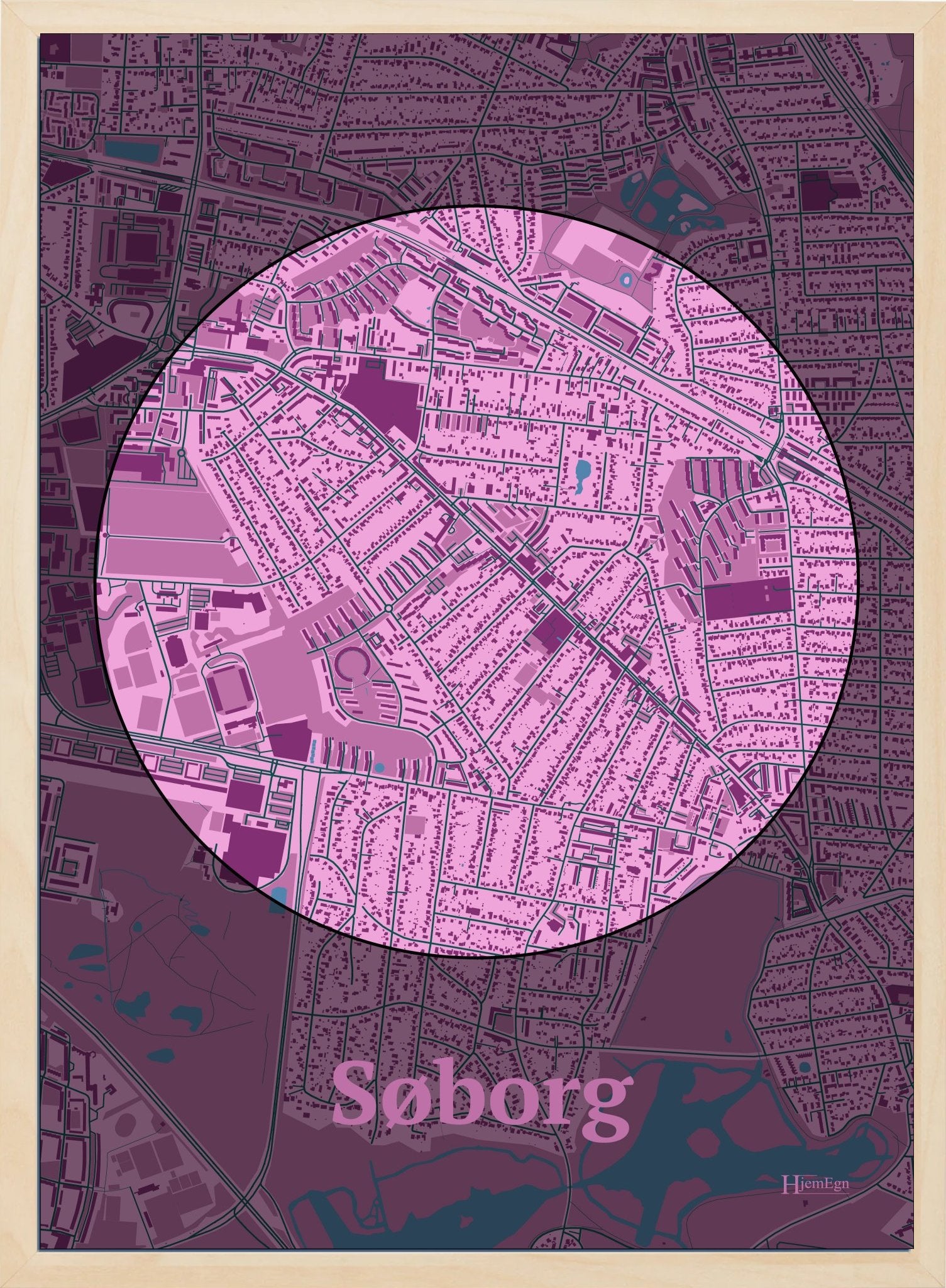 Søborg plakat i farve pastel rød og HjemEgn.dk design centrum. Design bykort for Søborg