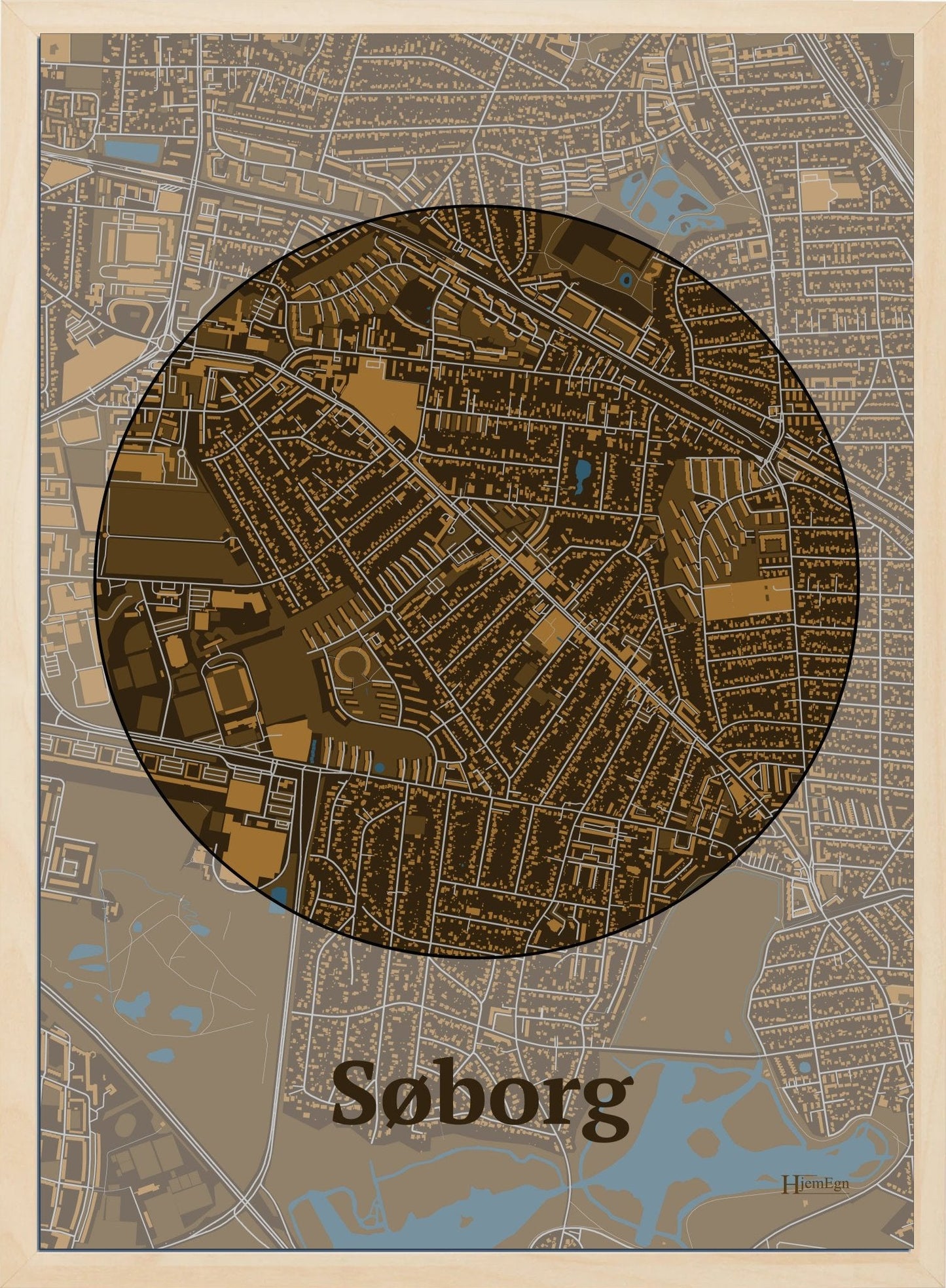 Søborg plakat i farve mørk brun og HjemEgn.dk design centrum. Design bykort for Søborg