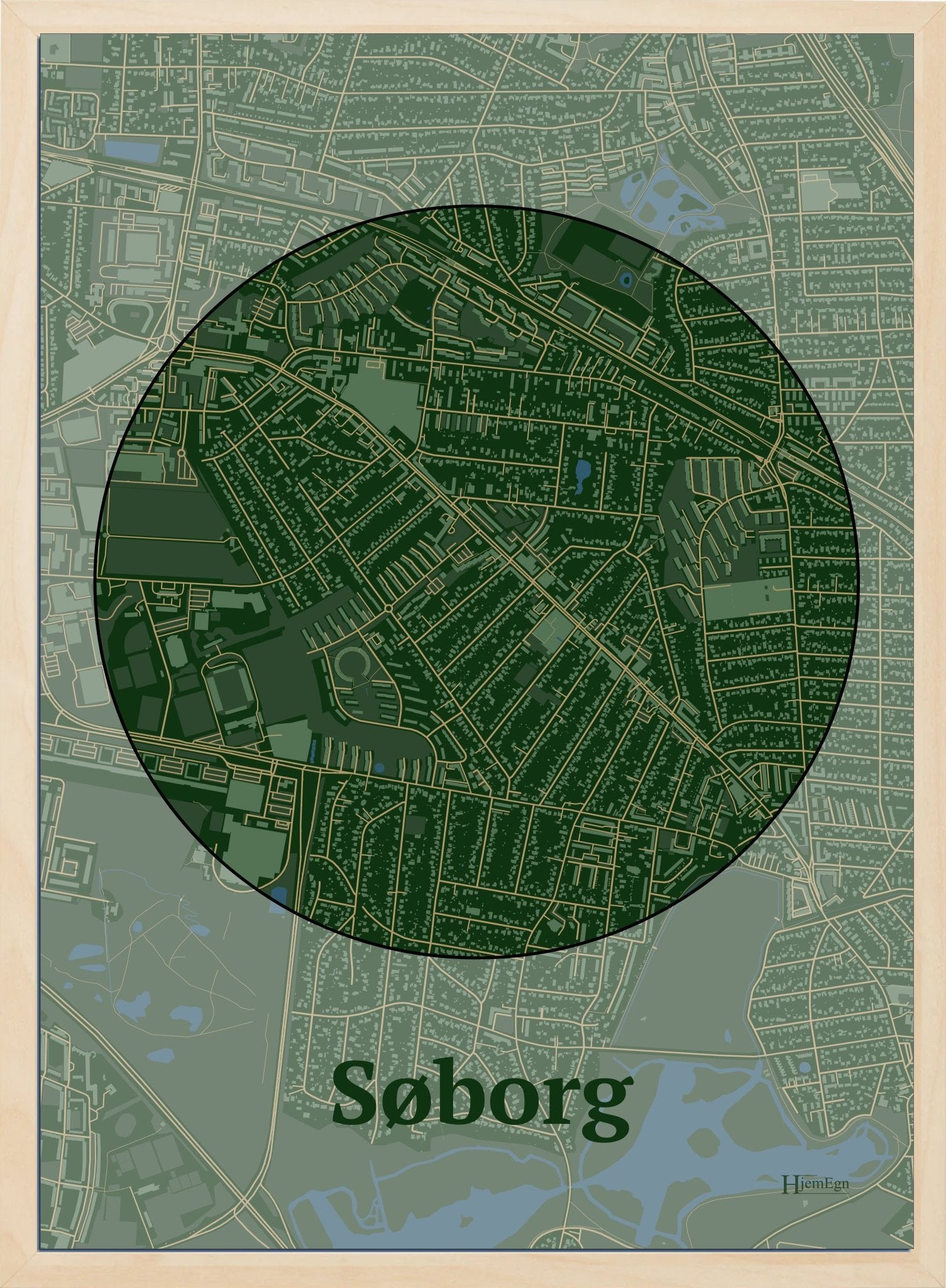 Søborg plakat i farve mørk grøn og HjemEgn.dk design centrum. Design bykort for Søborg