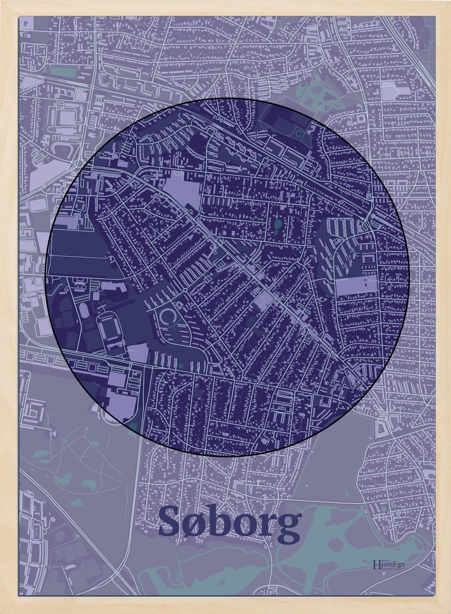 Søborg plakat i farve mørk lilla og HjemEgn.dk design centrum. Design bykort for Søborg