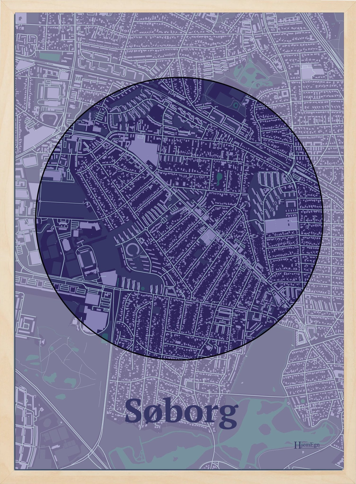 Søborg plakat i farve mørk lilla og HjemEgn.dk design centrum. Design bykort for Søborg