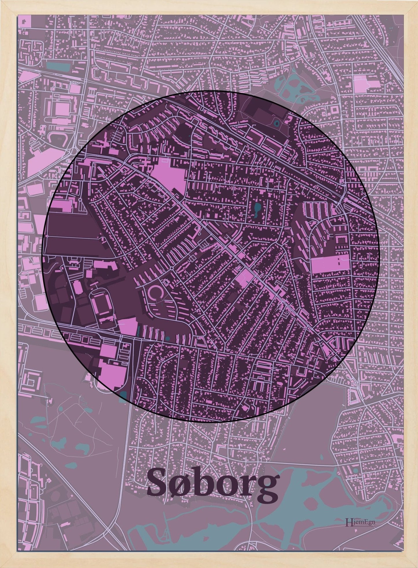 Søborg plakat i farve mørk rød og HjemEgn.dk design centrum. Design bykort for Søborg
