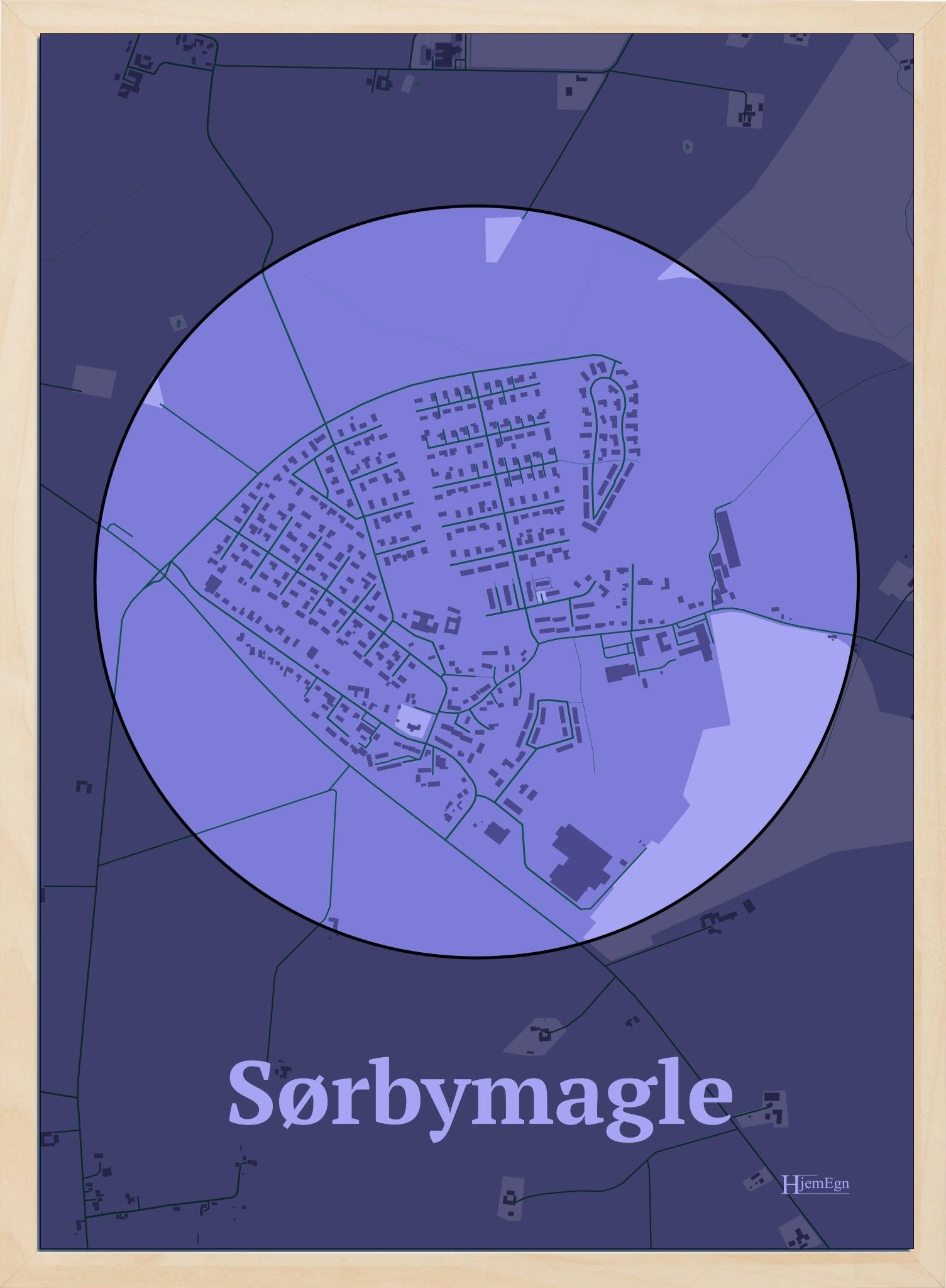Sørbymagle plakat i farve pastel lilla og HjemEgn.dk design centrum. Design bykort for Sørbymagle