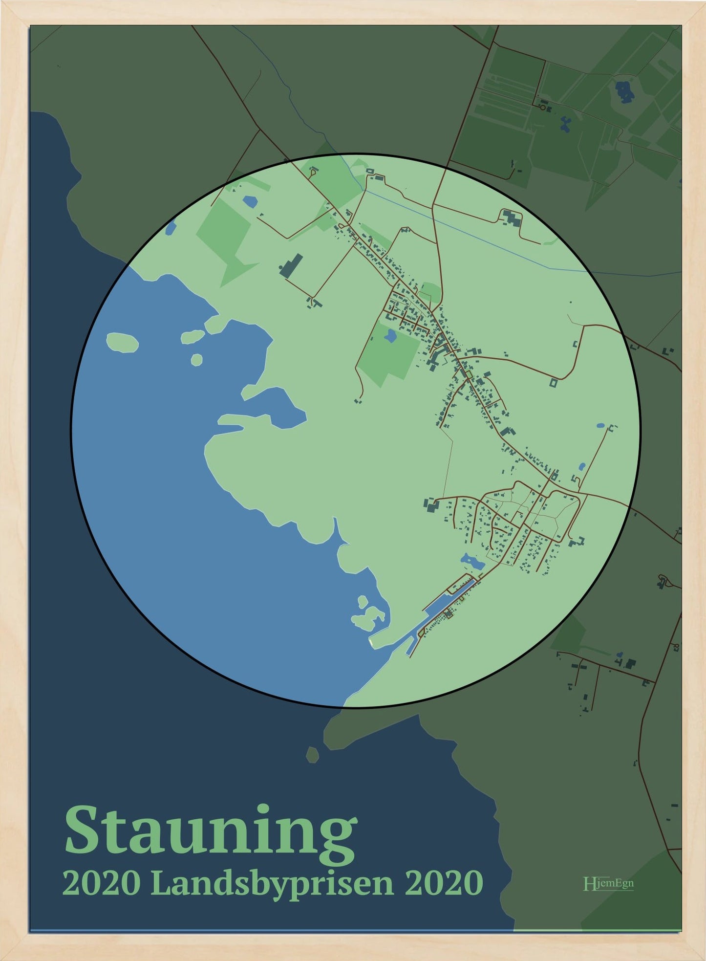 Stauning Vinder Af Landsbyprisen 2020 plakat i farve pastel grøn og HjemEgn.dk design centrum. Design bykort for Stauning Vinder Af Landsbyprisen 2020