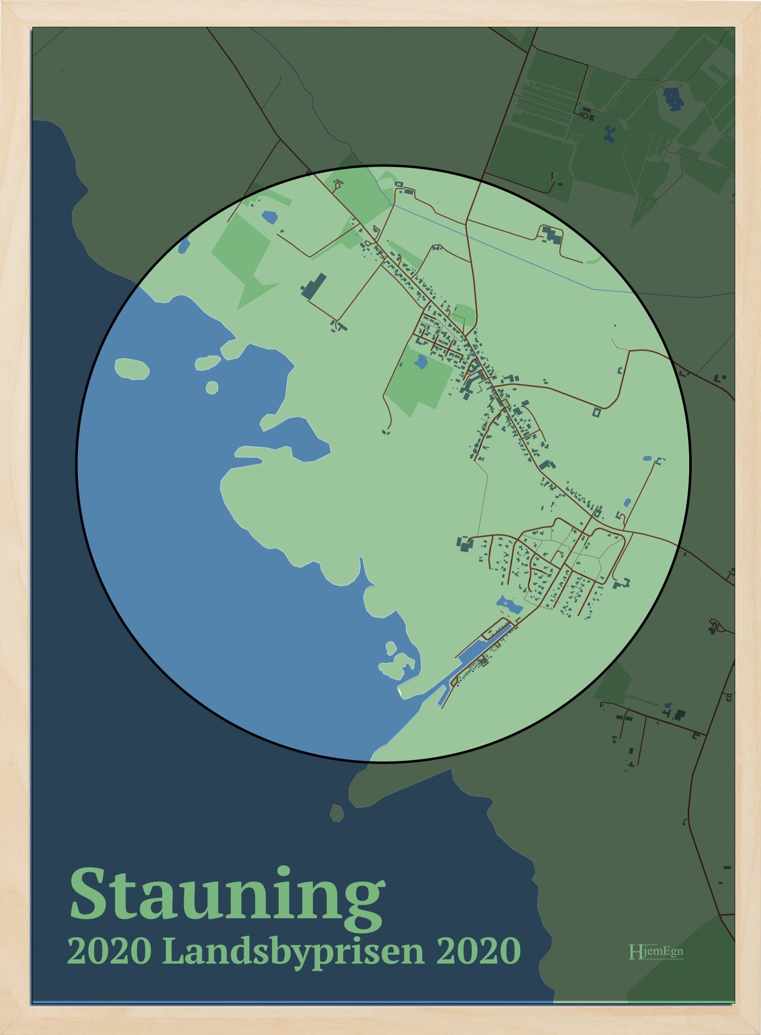 Stauning Vinder Af Landsbyprisen 2020 plakat i farve pastel grøn og HjemEgn.dk design centrum. Design bykort for Stauning Vinder Af Landsbyprisen 2020
