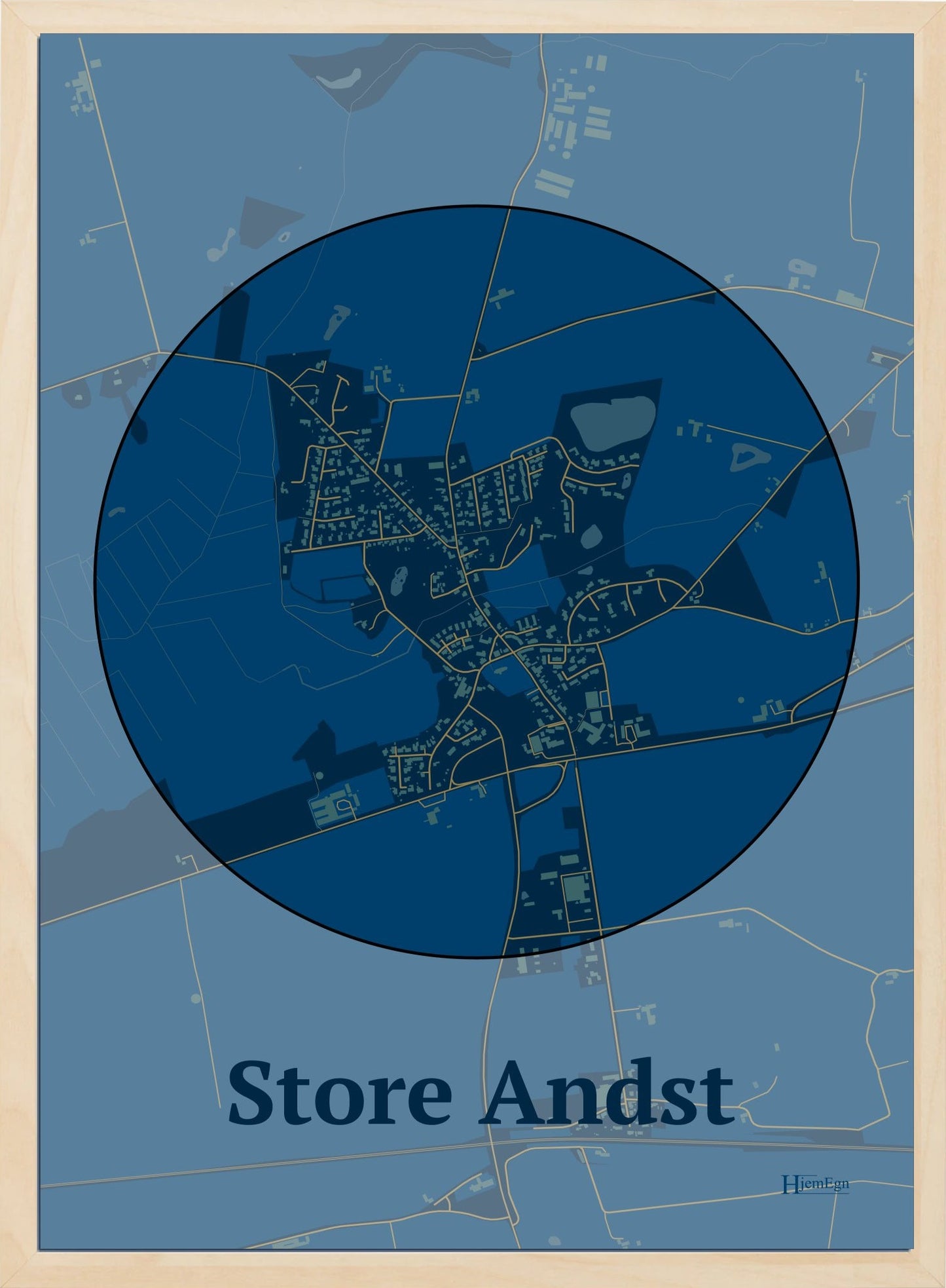 Store Andst plakat i farve mørk blå og HjemEgn.dk design centrum. Design bykort for Store Andst