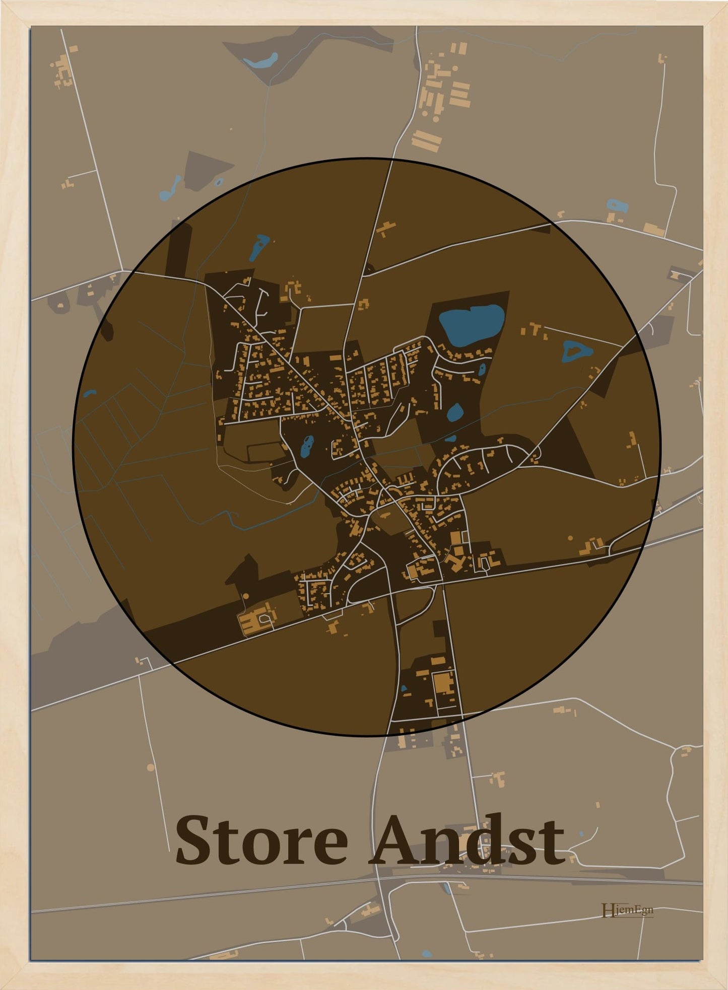 Store Andst plakat i farve mørk brun og HjemEgn.dk design centrum. Design bykort for Store Andst