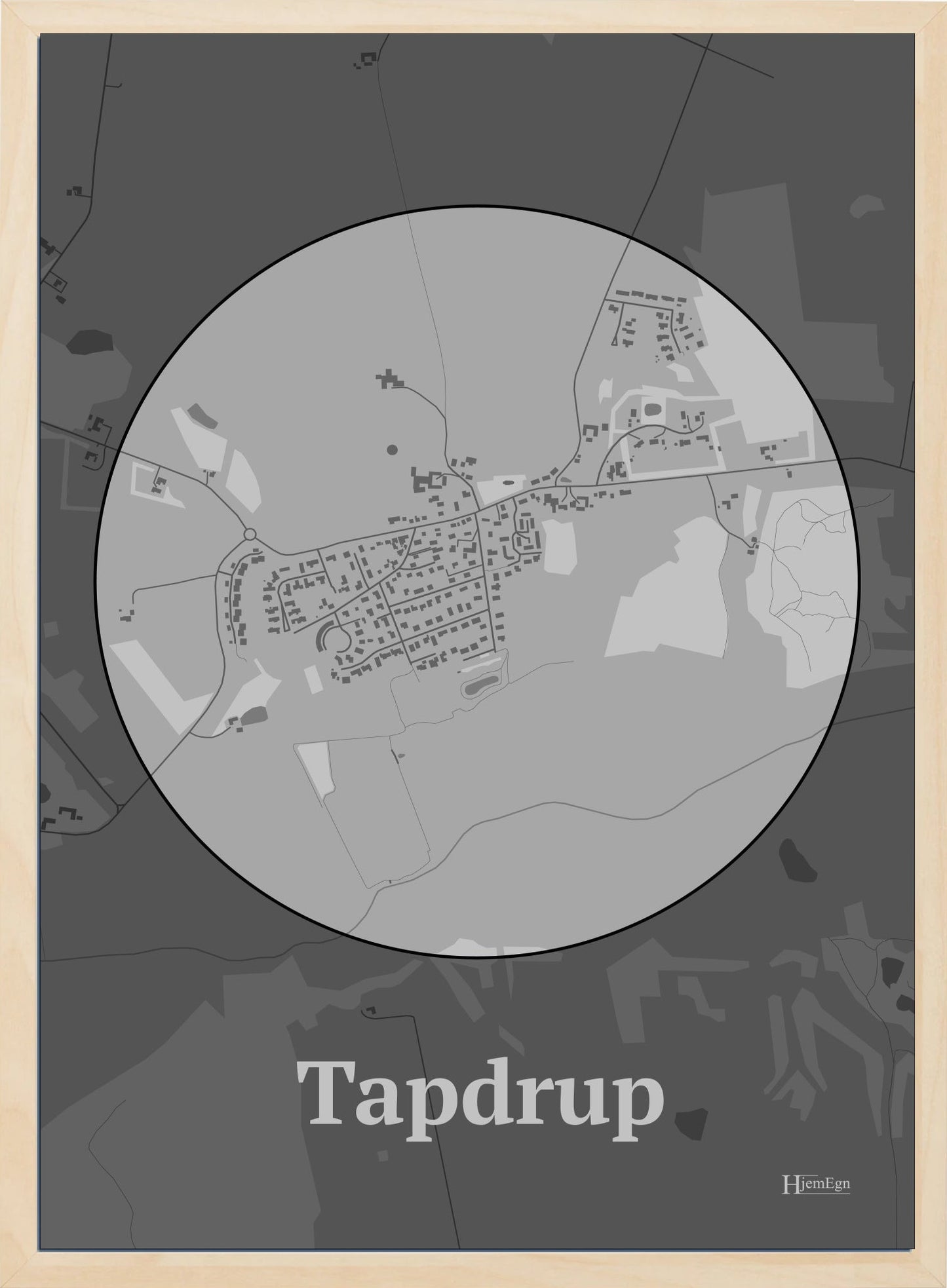 Tapdrup plakat i farve pastel grå og HjemEgn.dk design centrum. Design bykort for Tapdrup