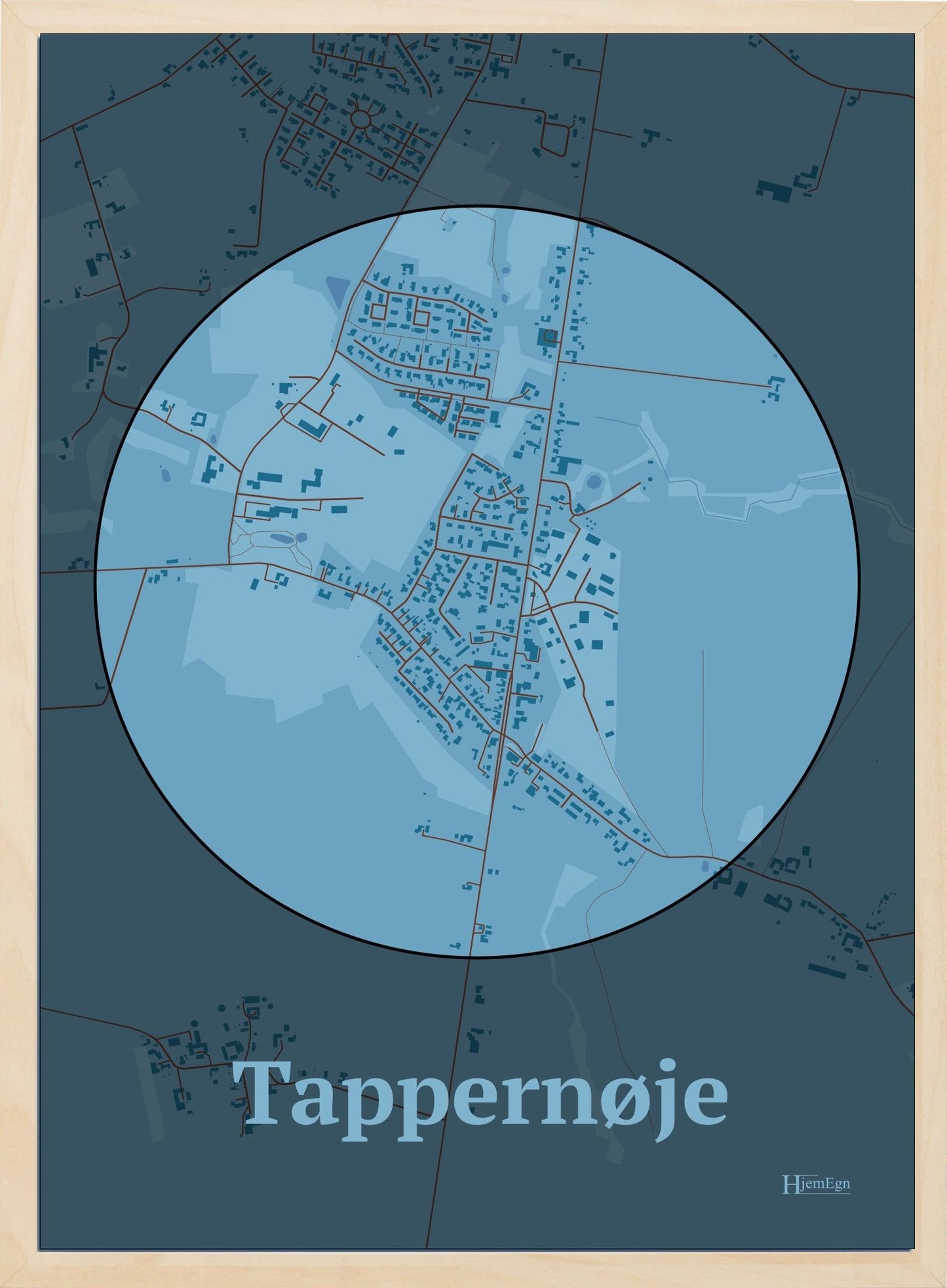 Tappernøje plakat i farve pastel blå og HjemEgn.dk design centrum. Design bykort for Tappernøje