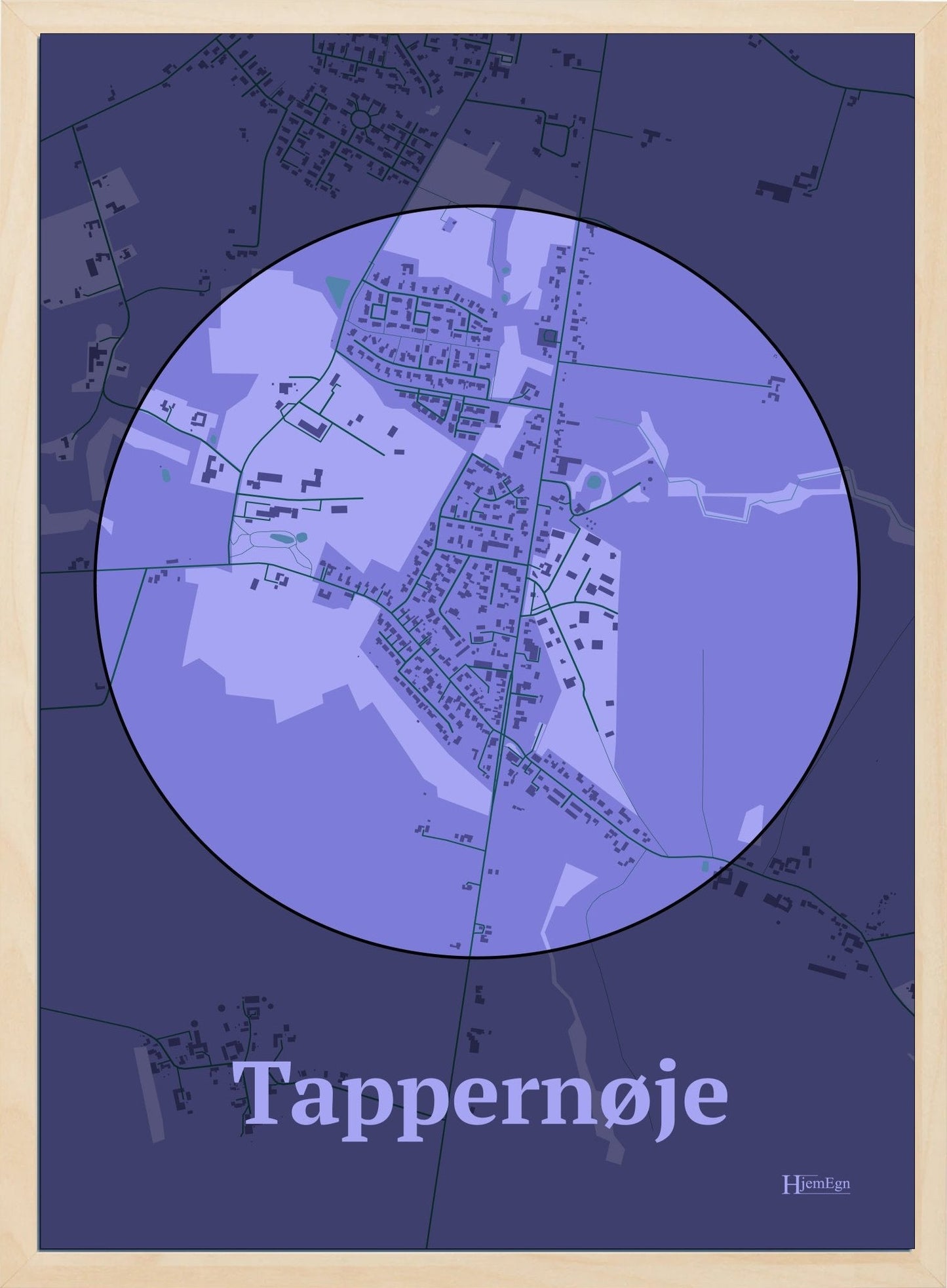 Tappernøje plakat i farve pastel lilla og HjemEgn.dk design centrum. Design bykort for Tappernøje