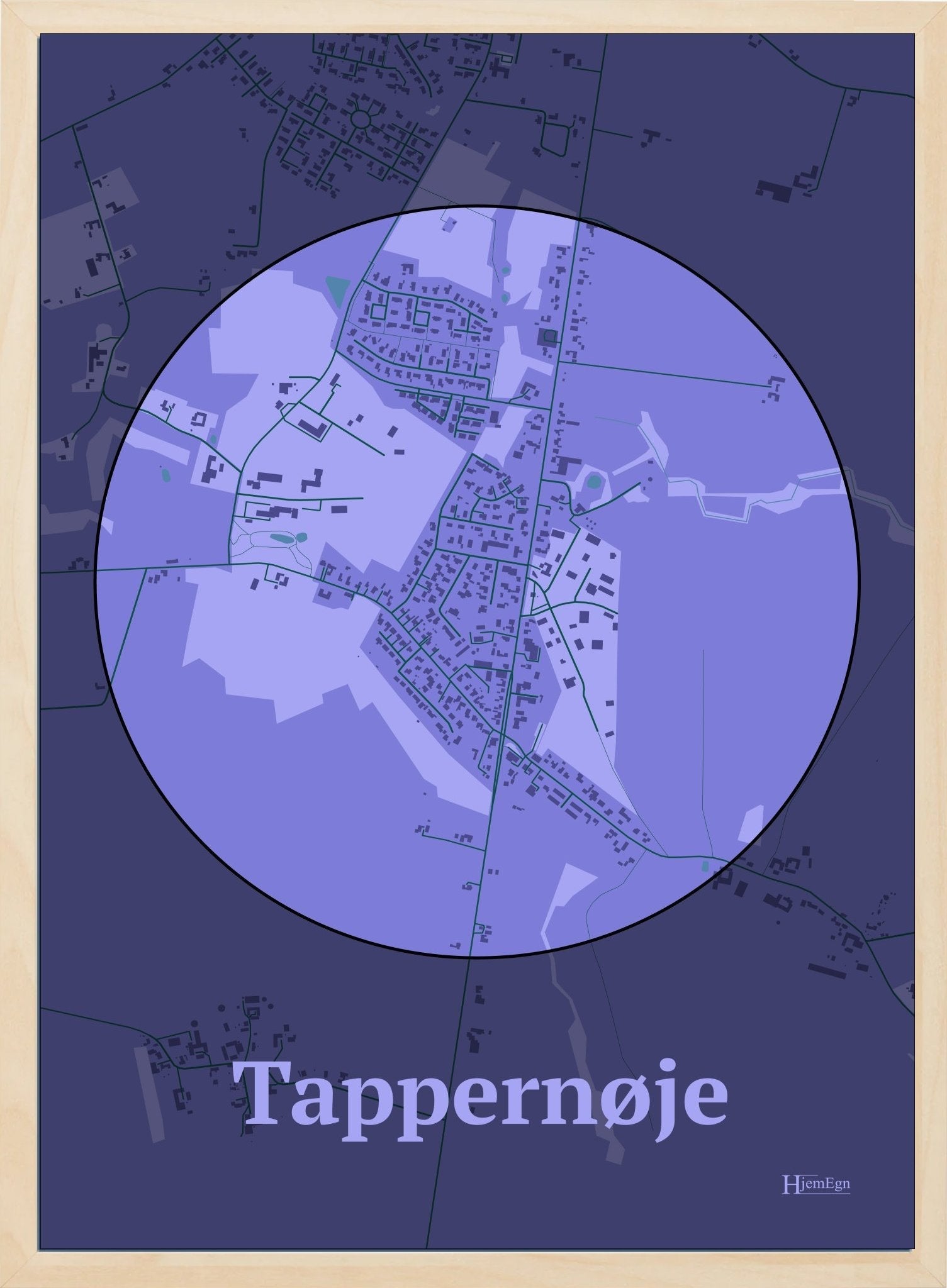 Tappernøje plakat i farve pastel lilla og HjemEgn.dk design centrum. Design bykort for Tappernøje