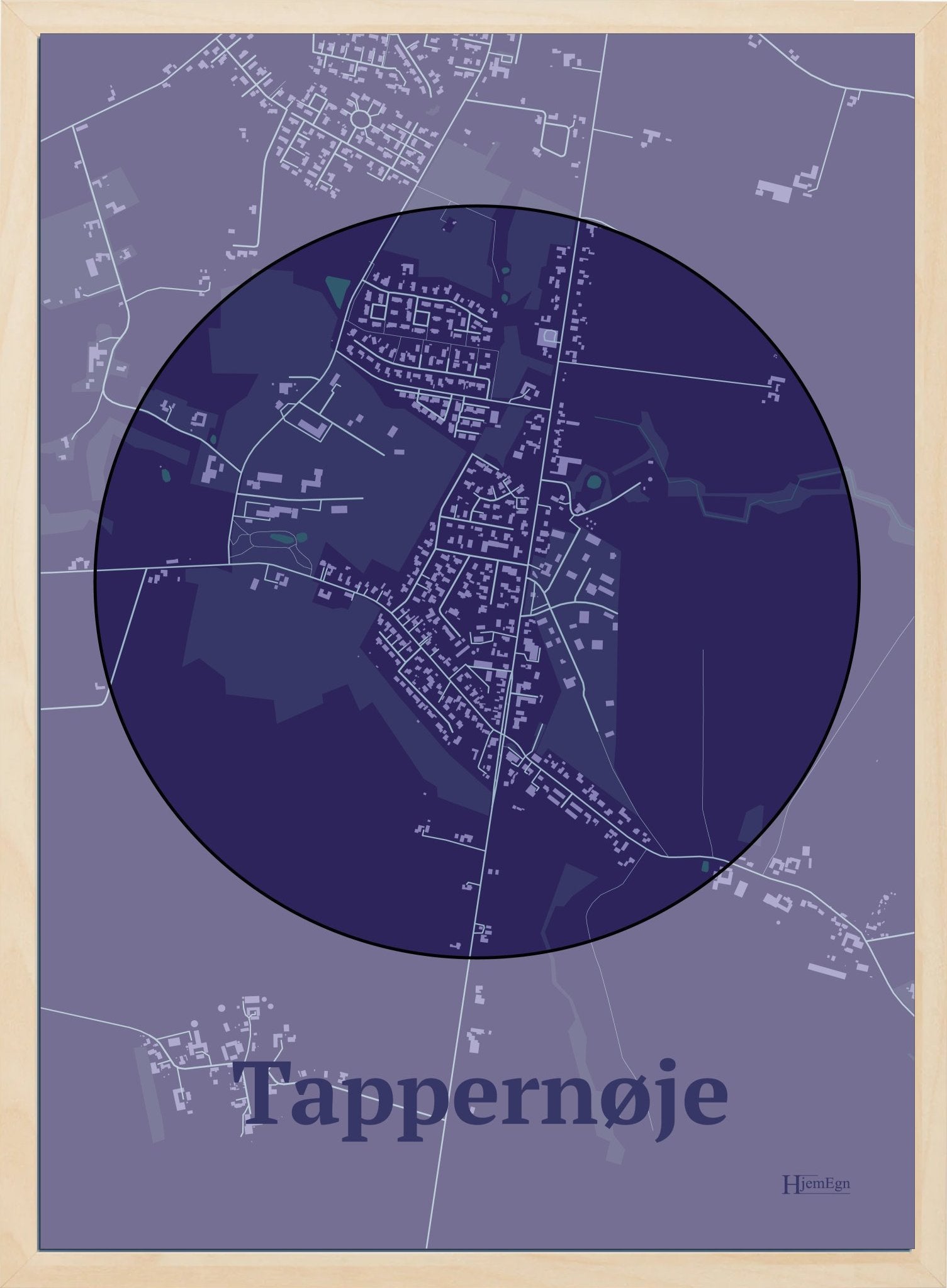 Tappernøje plakat i farve mørk lilla og HjemEgn.dk design centrum. Design bykort for Tappernøje