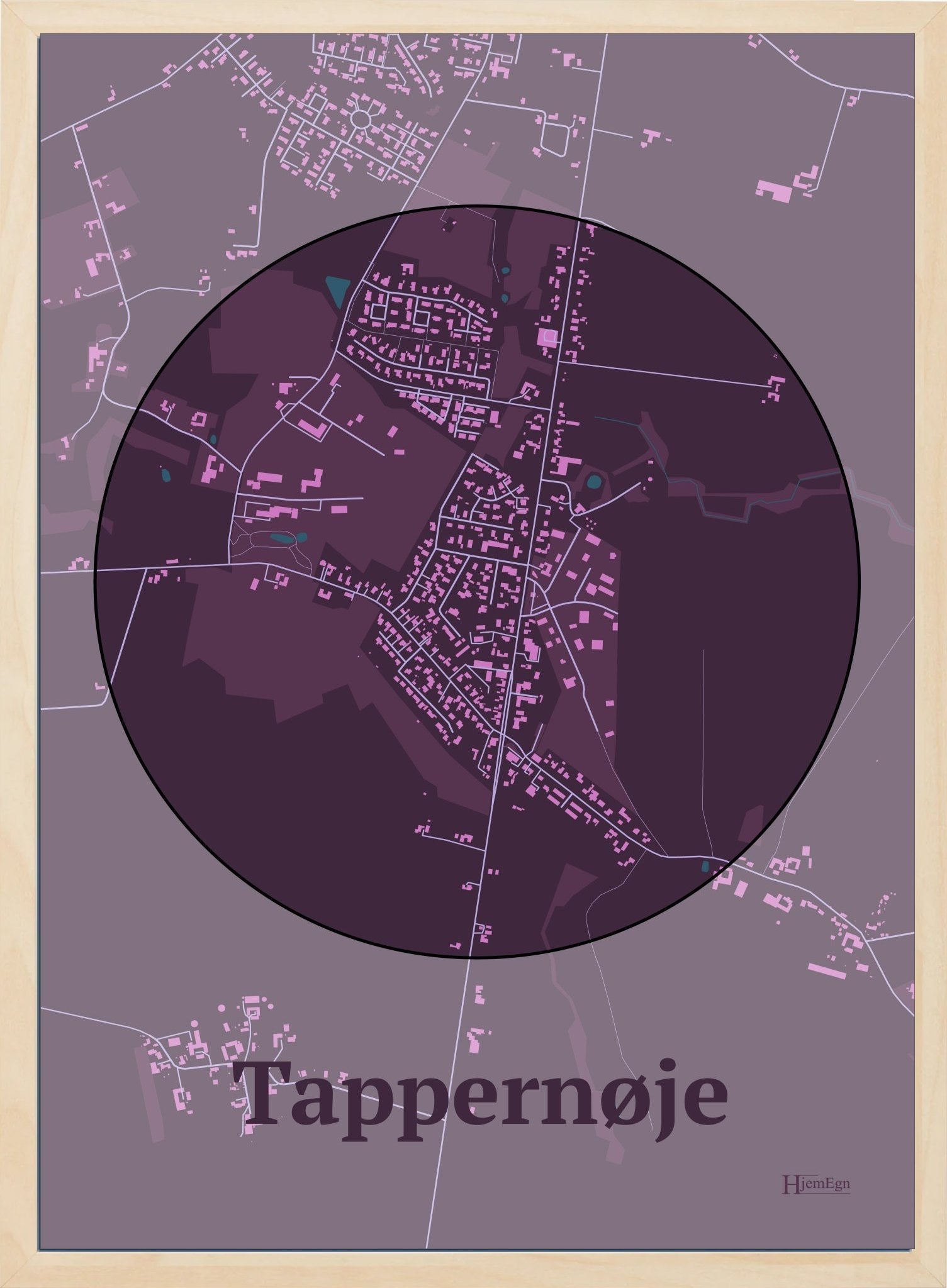 Tappernøje plakat i farve mørk rød og HjemEgn.dk design centrum. Design bykort for Tappernøje