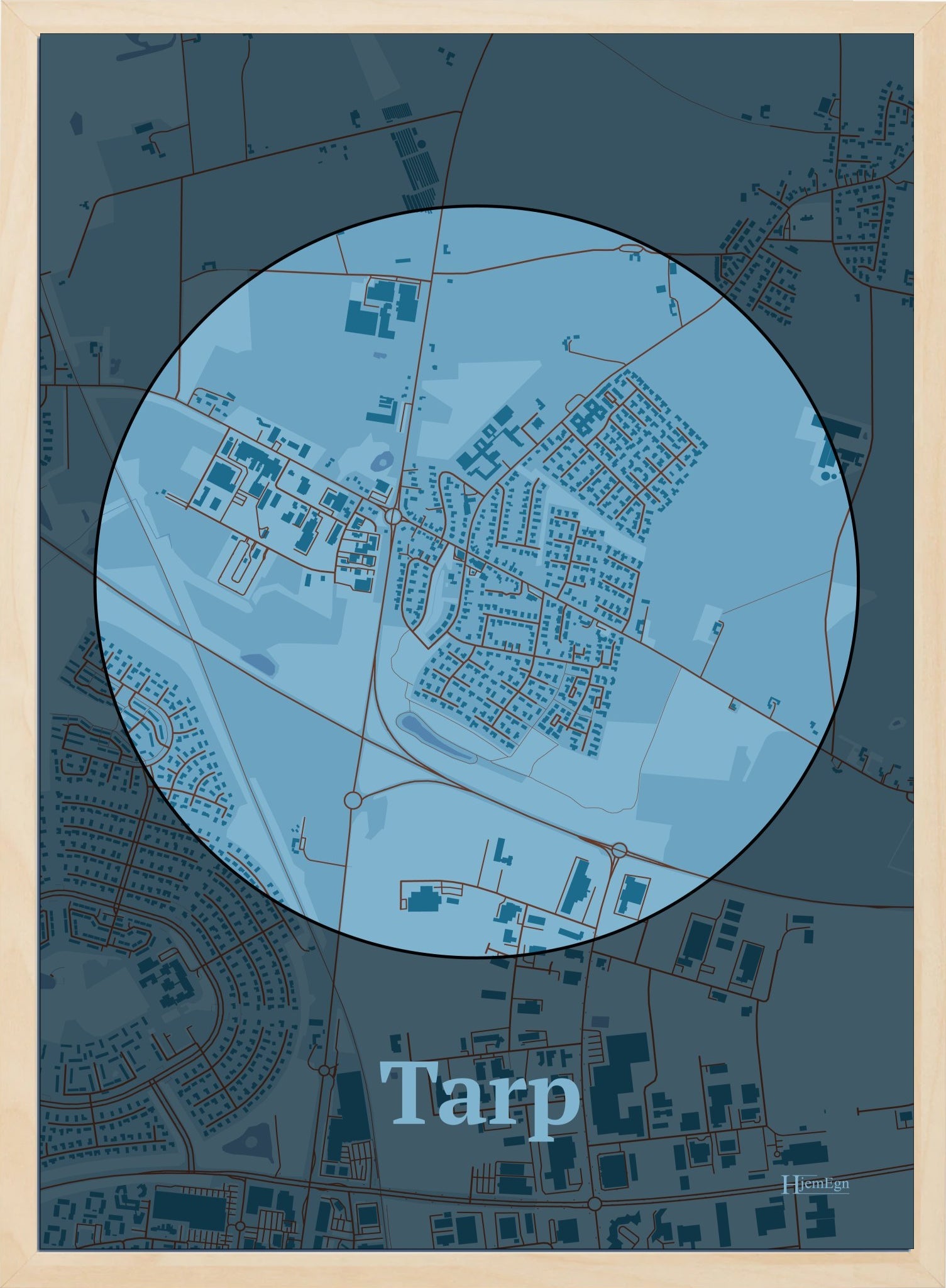 Tarp plakat i farve pastel blå og HjemEgn.dk design centrum. Design bykort for Tarp
