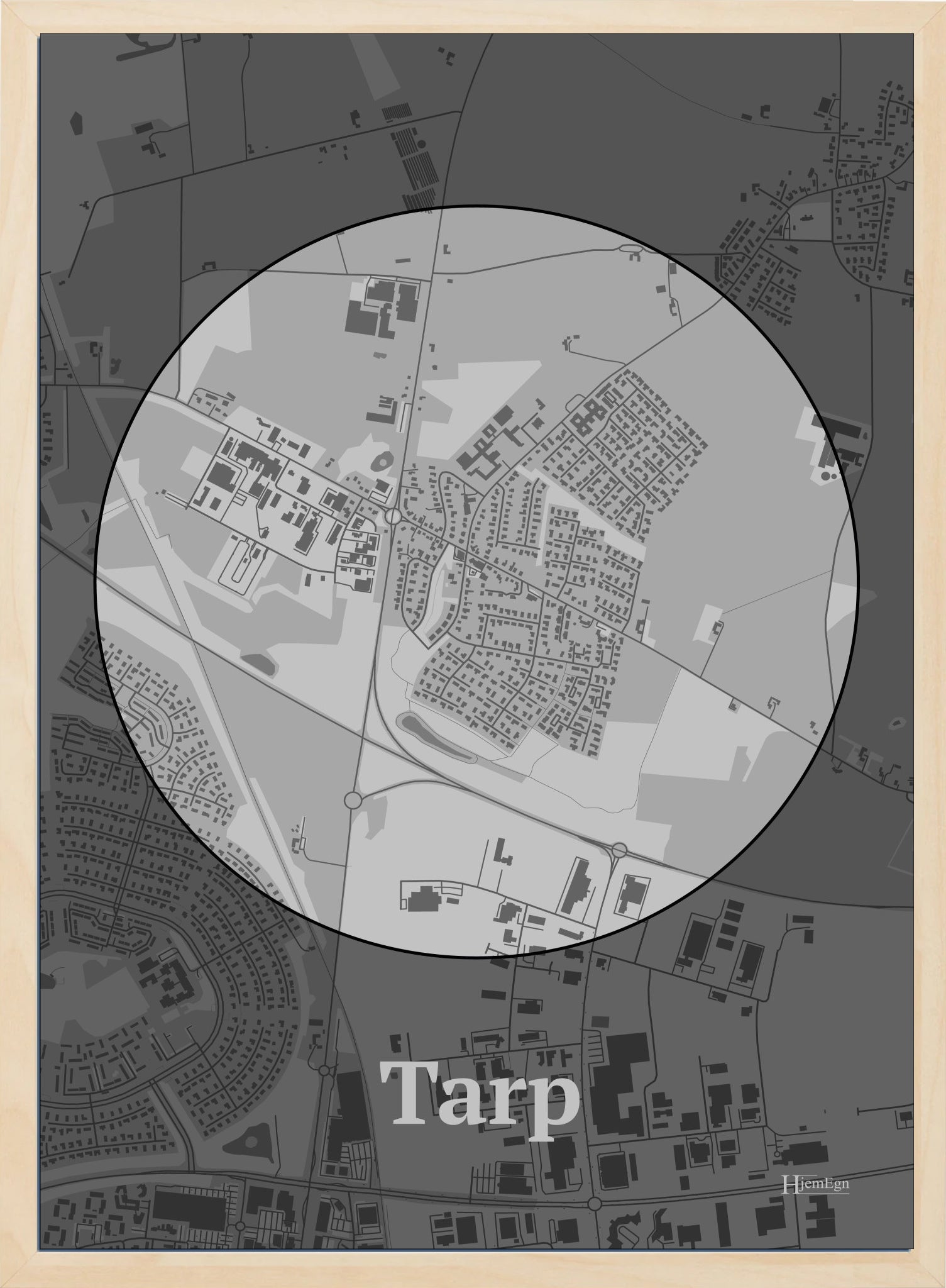 Tarp plakat i farve pastel grå og HjemEgn.dk design centrum. Design bykort for Tarp