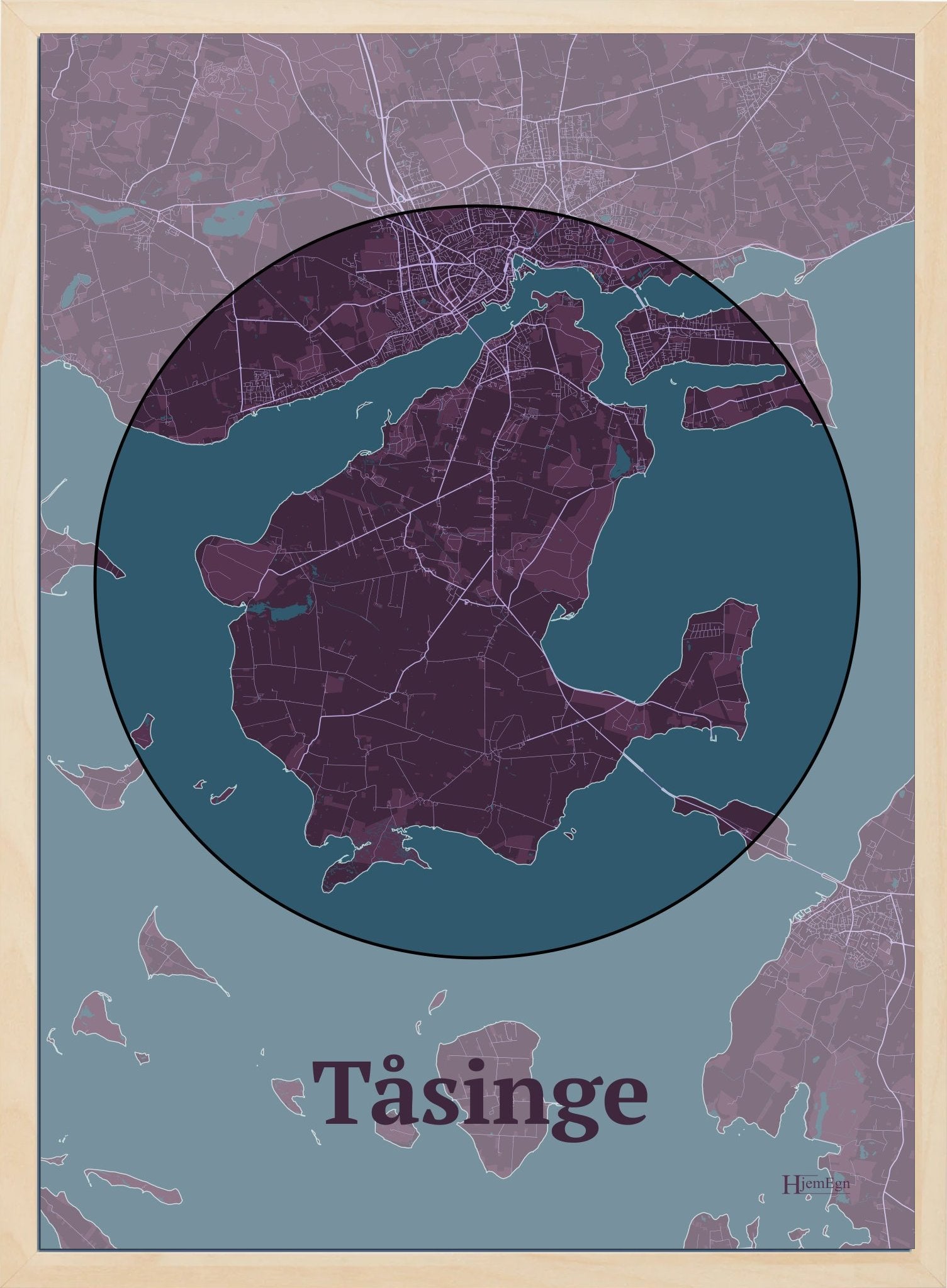Tåsinge plakat i farve mørk rød og HjemEgn.dk design centrum. Design ø-kort for Tåsinge