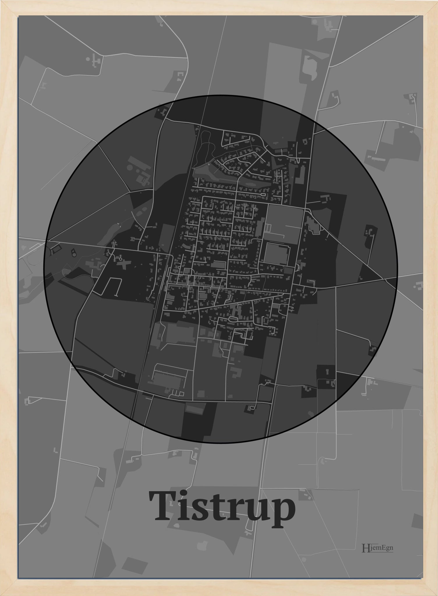 Tistrup plakat i farve mørk grå og HjemEgn.dk design centrum. Design bykort for Tistrup