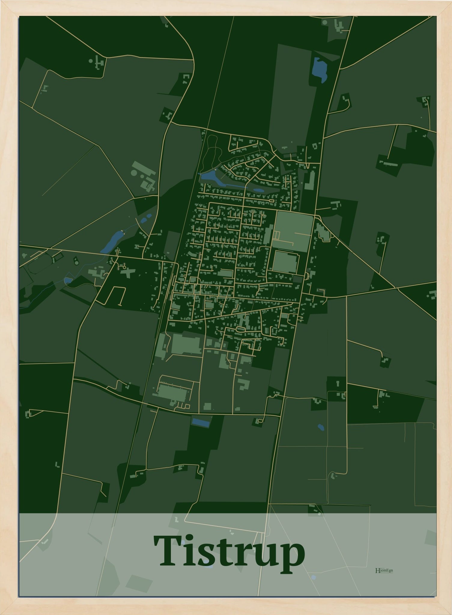 Tistrup plakat i farve mørk grøn og HjemEgn.dk design firkantet. Design bykort for Tistrup