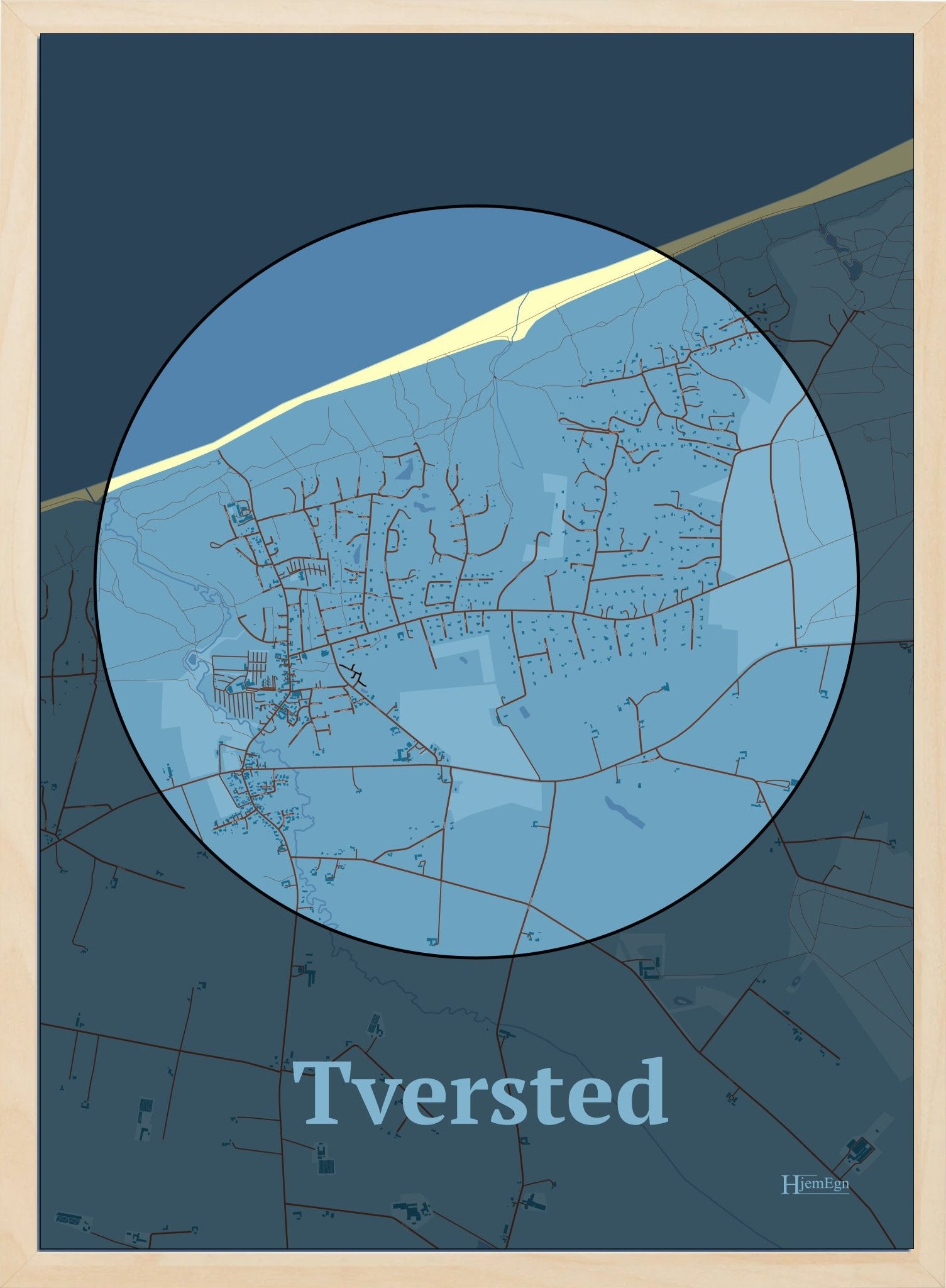 Tversted plakat i farve pastel blå og HjemEgn.dk design centrum. Design bykort for Tversted