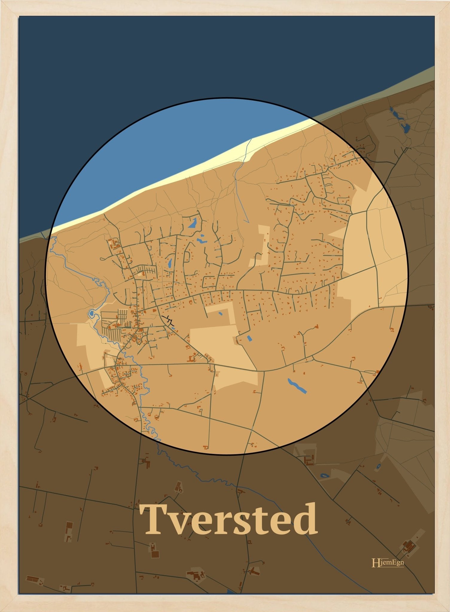 Tversted plakat i farve pastel brun og HjemEgn.dk design centrum. Design bykort for Tversted