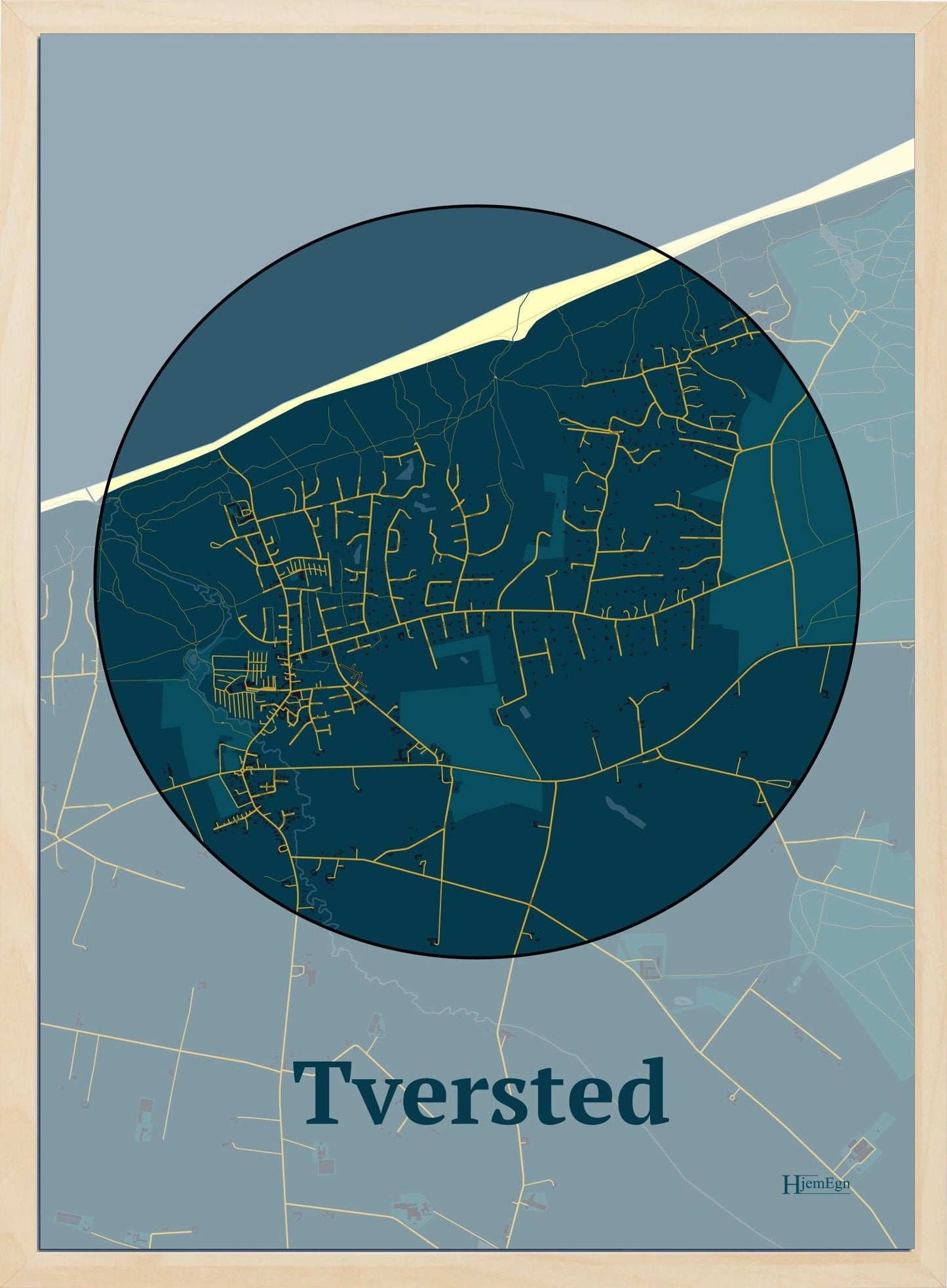 Tversted plakat i farve mørk blå og HjemEgn.dk design centrum. Design bykort for Tversted
