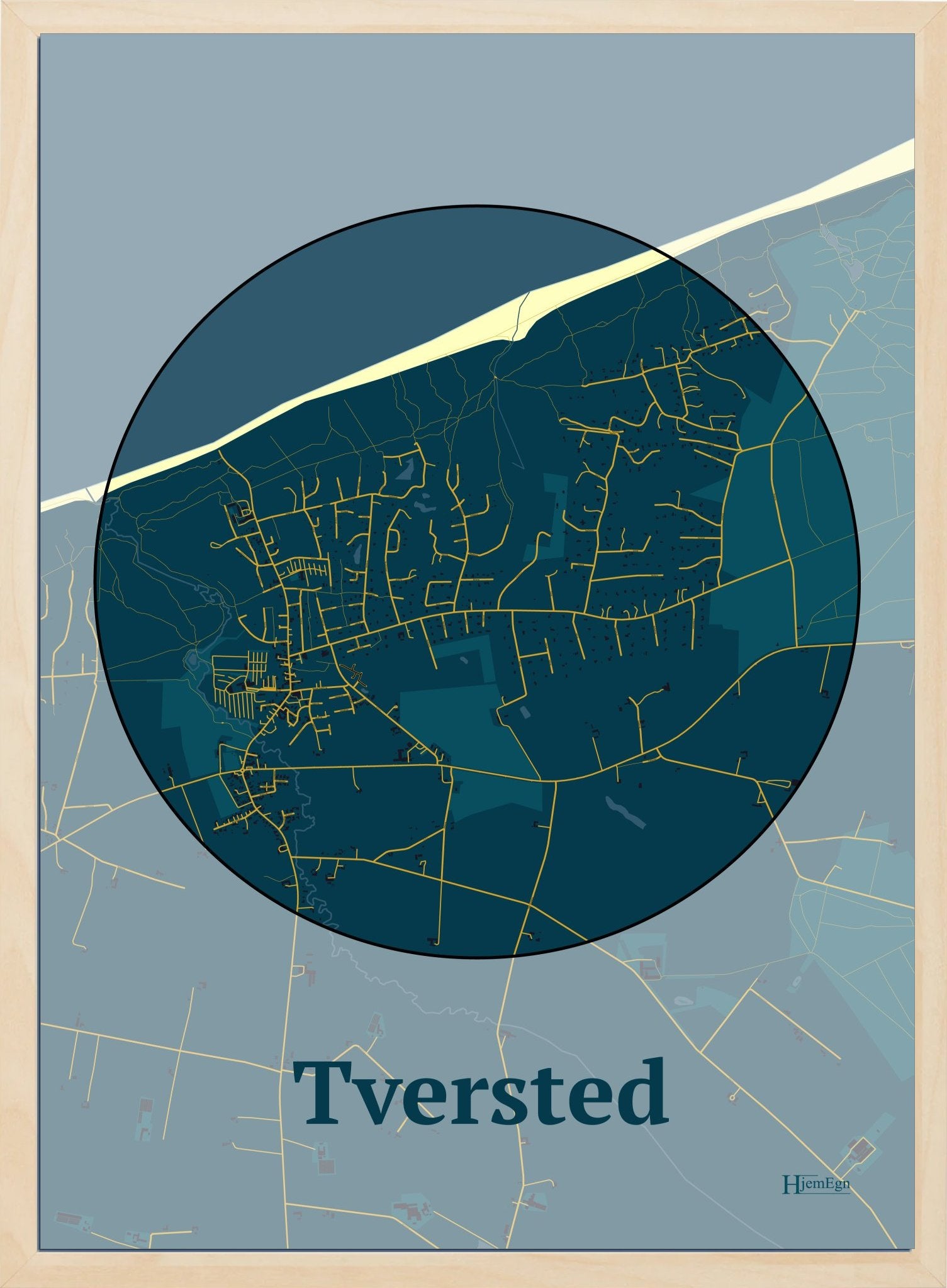 Tversted plakat i farve mørk blå og HjemEgn.dk design centrum. Design bykort for Tversted