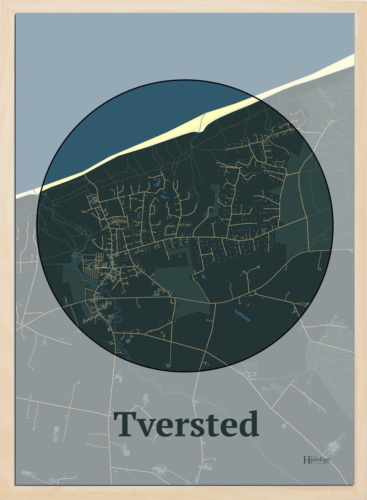 Tversted plakat i farve mørk grøn og HjemEgn.dk design centrum. Design bykort for Tversted