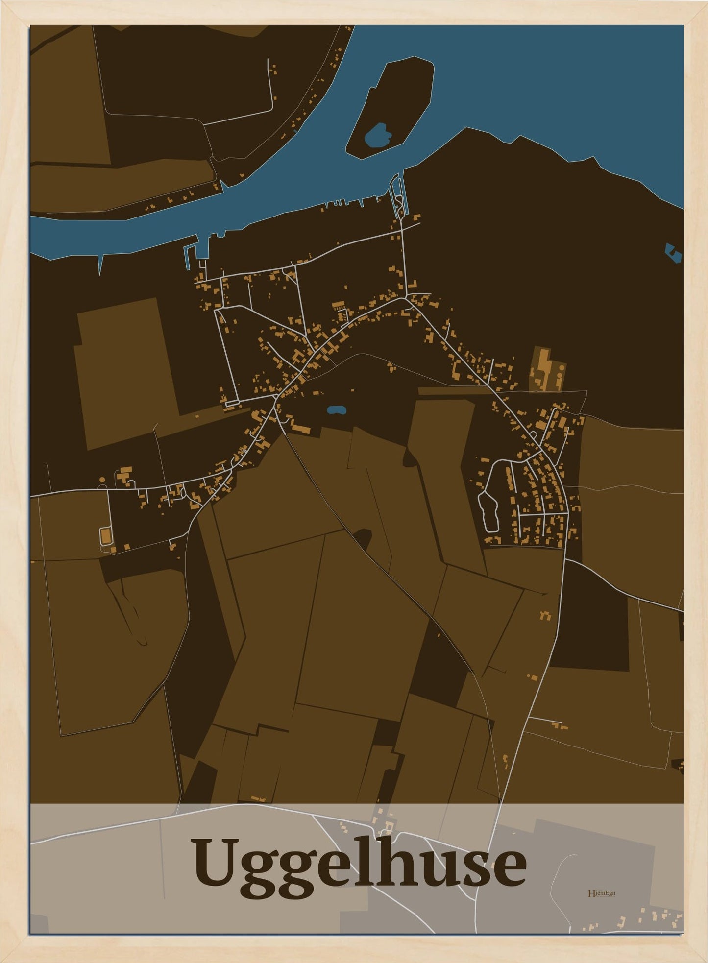 Uggelhuse plakat i farve mørk brun og HjemEgn.dk design firkantet. Design bykort for Uggelhuse