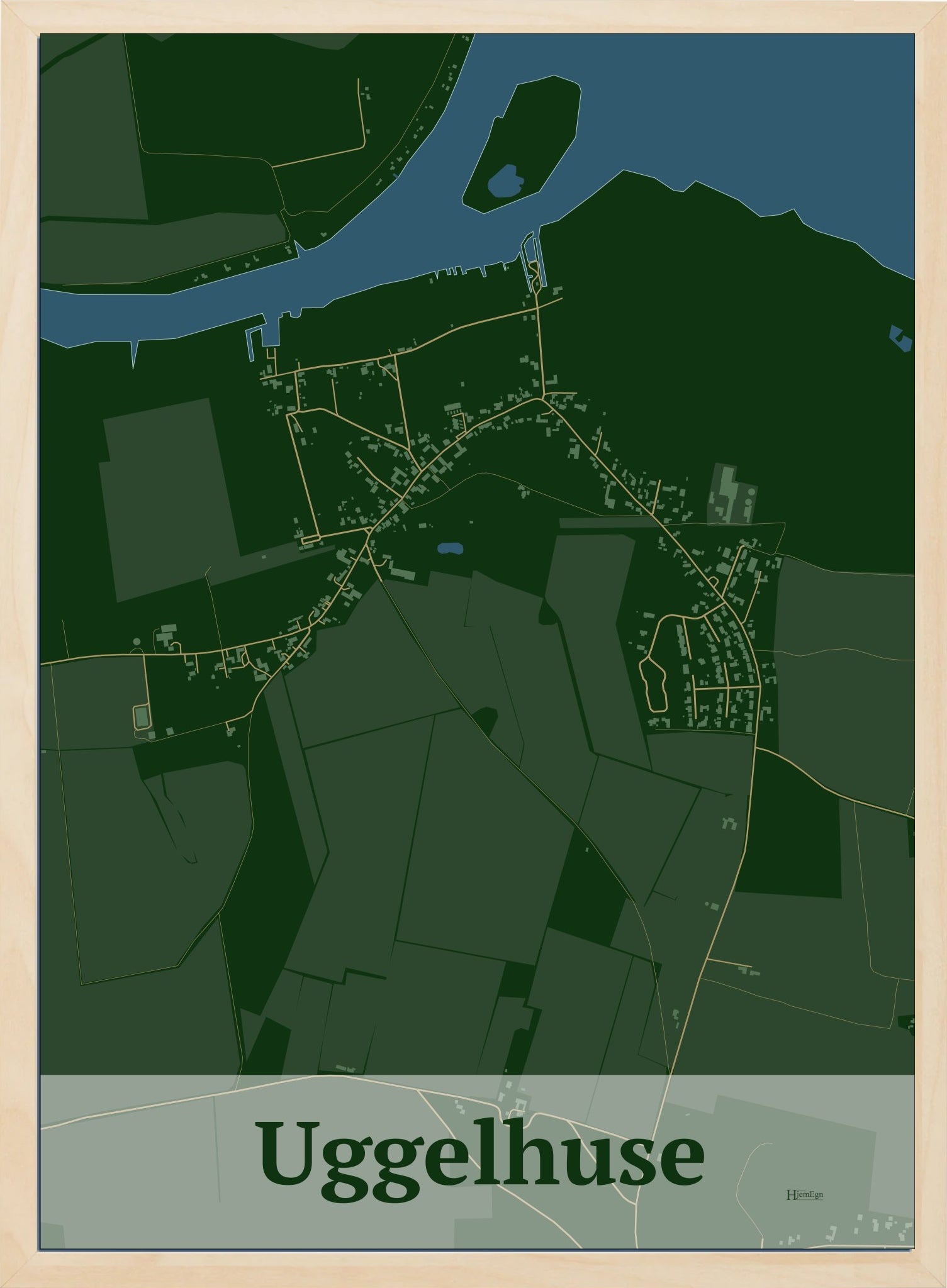 Uggelhuse plakat i farve mørk grøn og HjemEgn.dk design firkantet. Design bykort for Uggelhuse