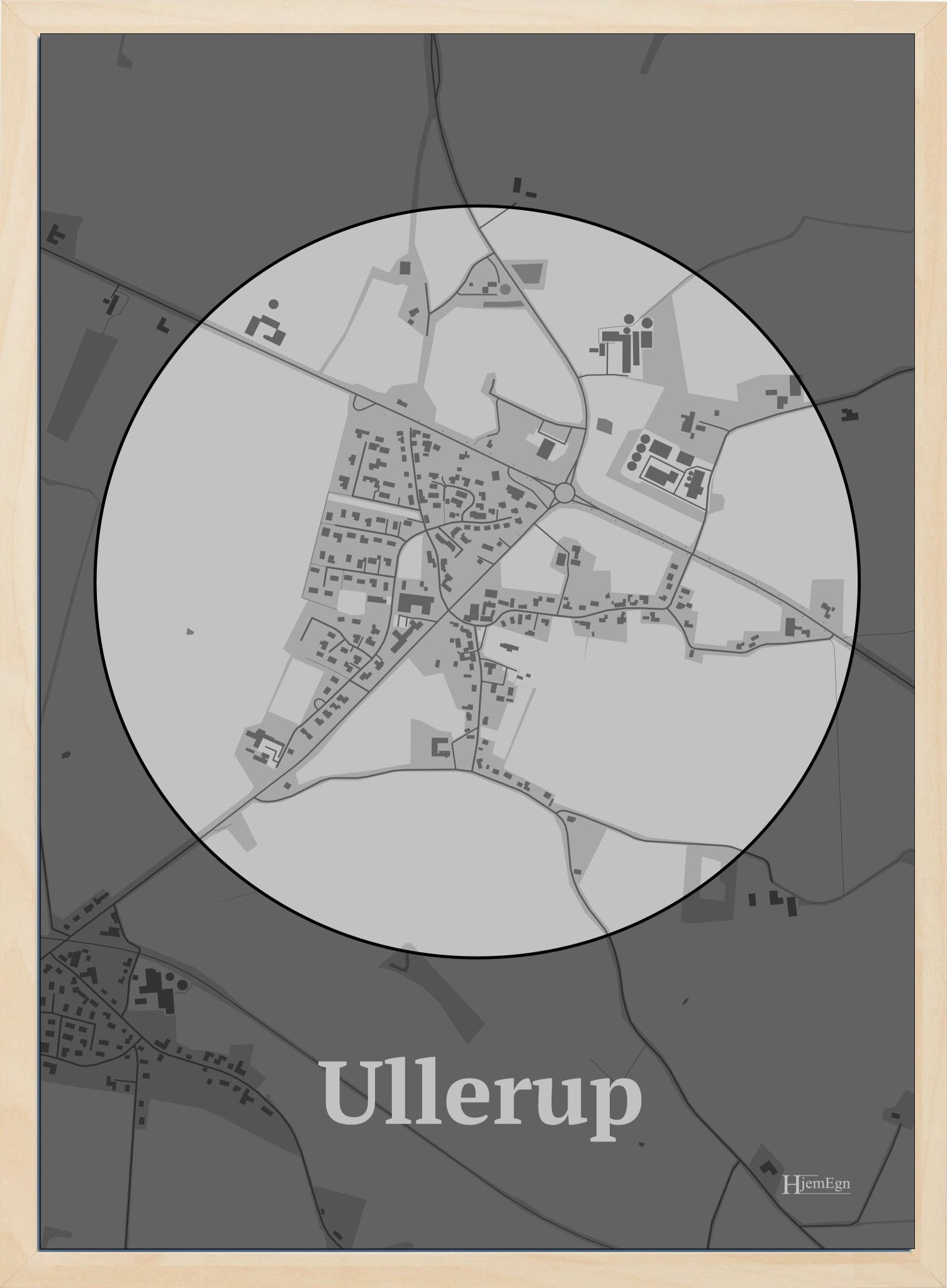 Ullerup plakat i farve pastel grå og HjemEgn.dk design centrum. Design bykort for Ullerup