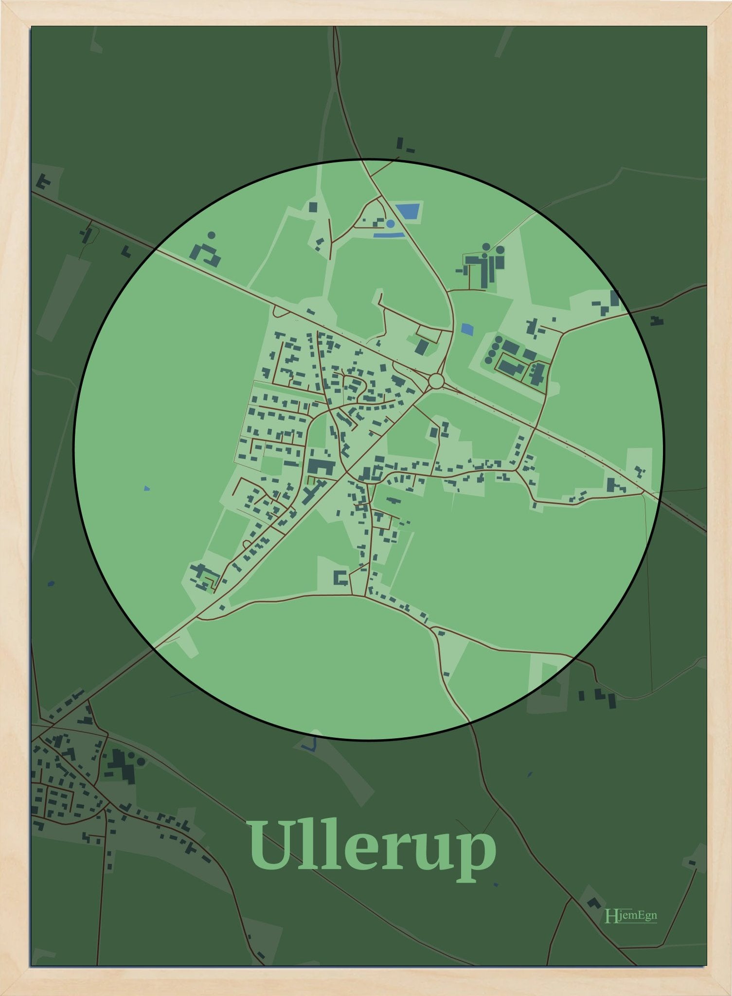 Ullerup plakat i farve pastel grøn og HjemEgn.dk design centrum. Design bykort for Ullerup