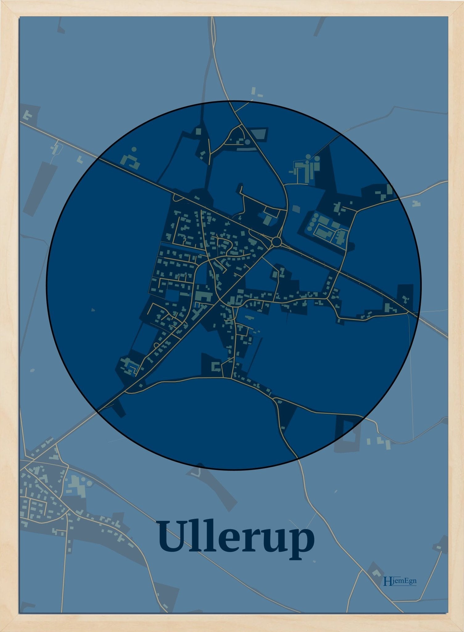 Ullerup plakat i farve mørk blå og HjemEgn.dk design centrum. Design bykort for Ullerup