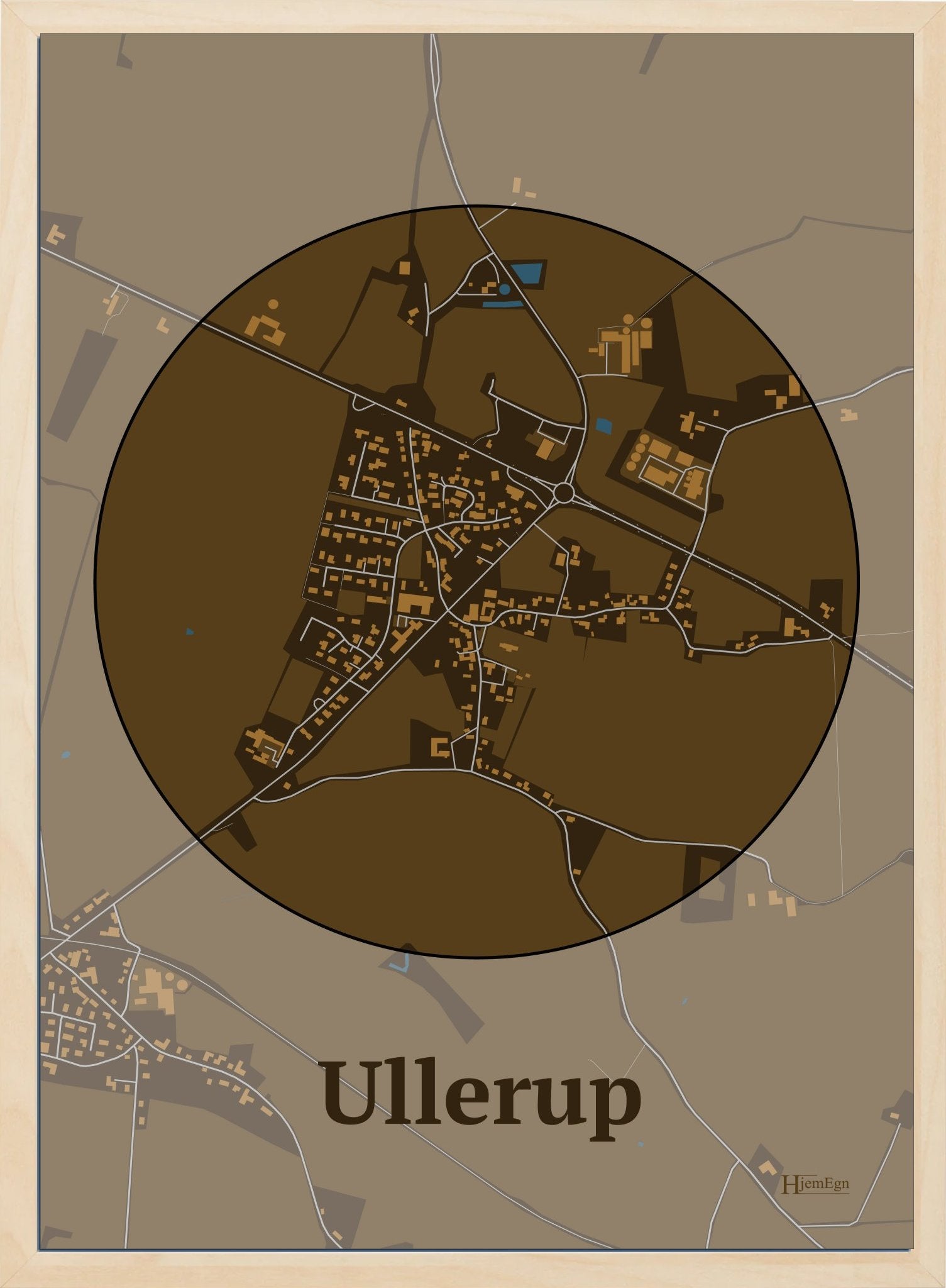 Ullerup plakat i farve mørk brun og HjemEgn.dk design centrum. Design bykort for Ullerup
