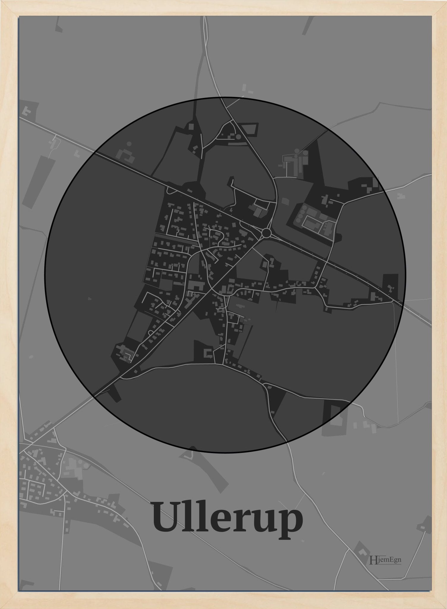Ullerup plakat i farve mørk grå og HjemEgn.dk design centrum. Design bykort for Ullerup