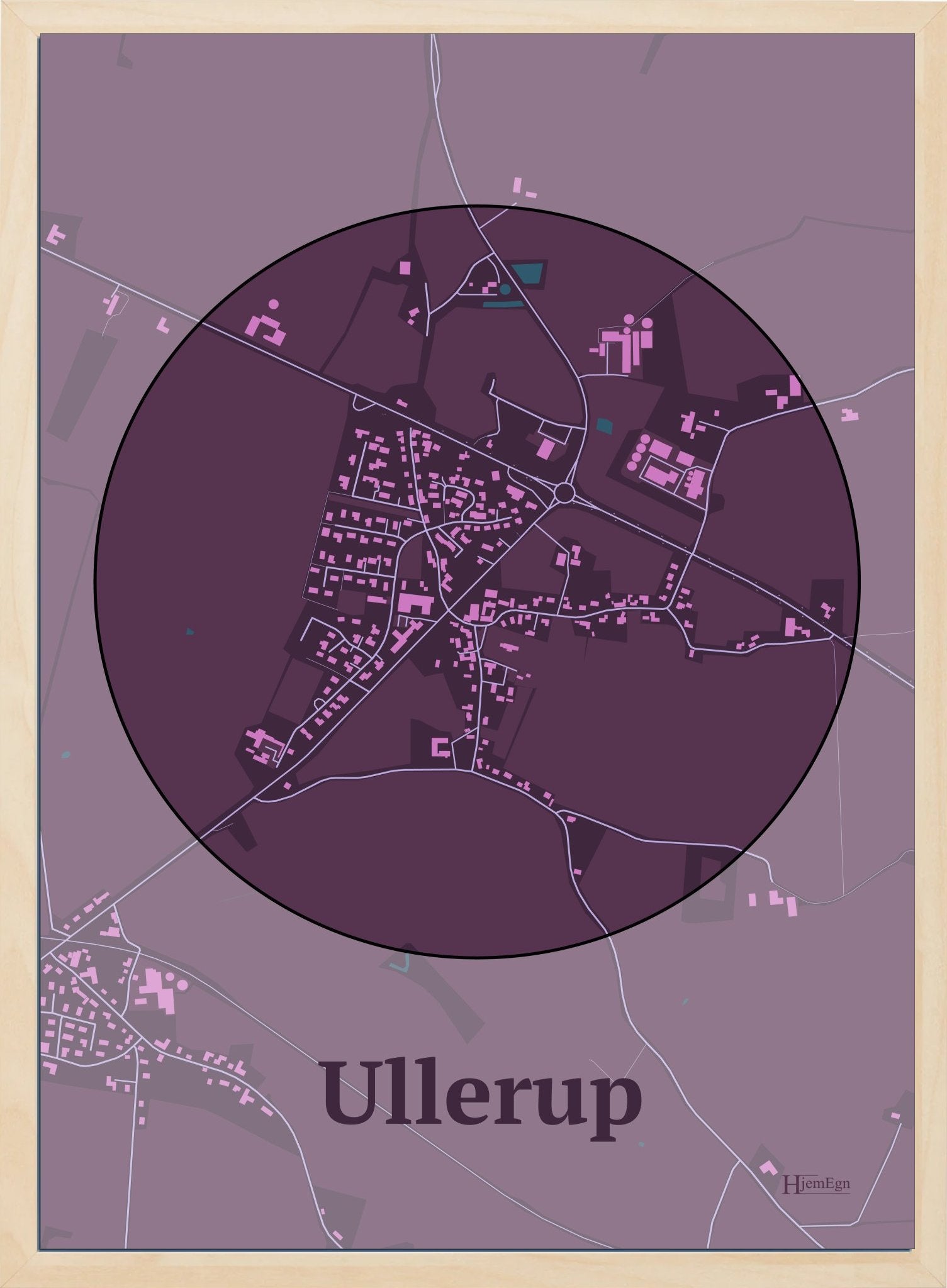 Ullerup plakat i farve mørk rød og HjemEgn.dk design centrum. Design bykort for Ullerup